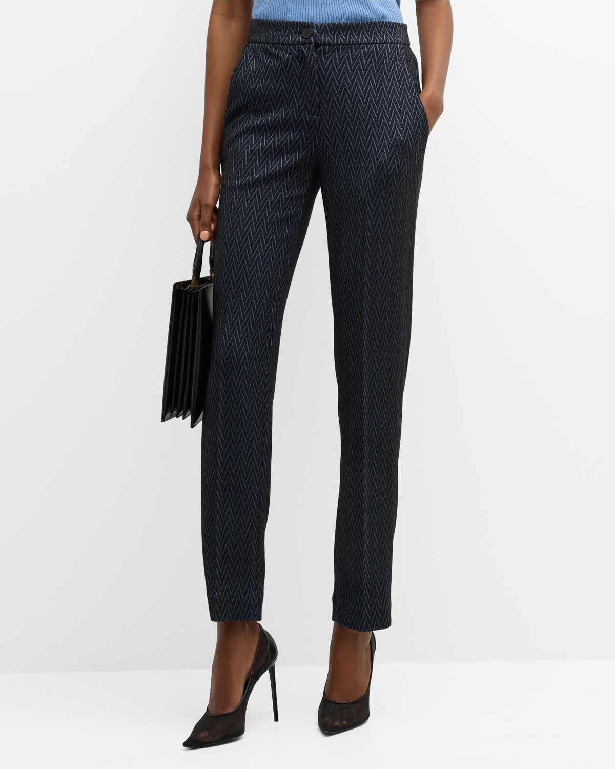 Shop Emporio Armani Skinny Cropped Chevron Jersey Trousers In Navy