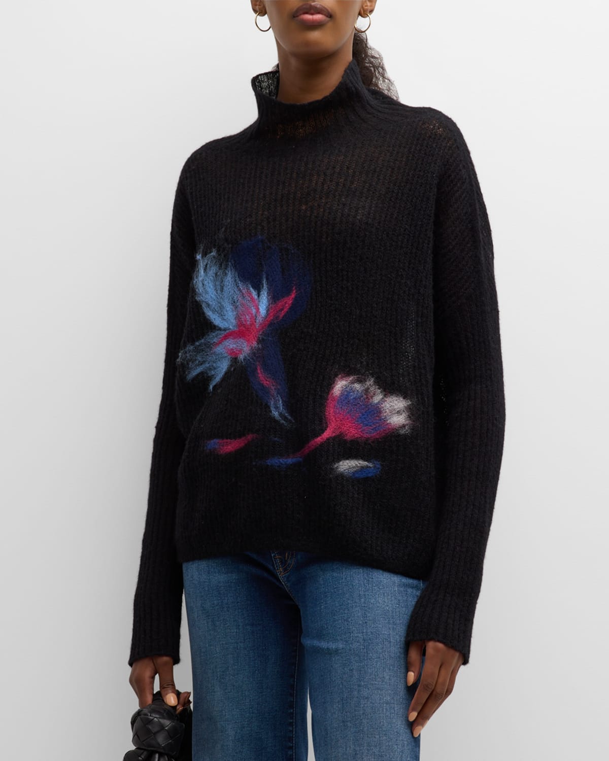 Emporio Armani Floral-print Featherweight Wool Sweater In Black