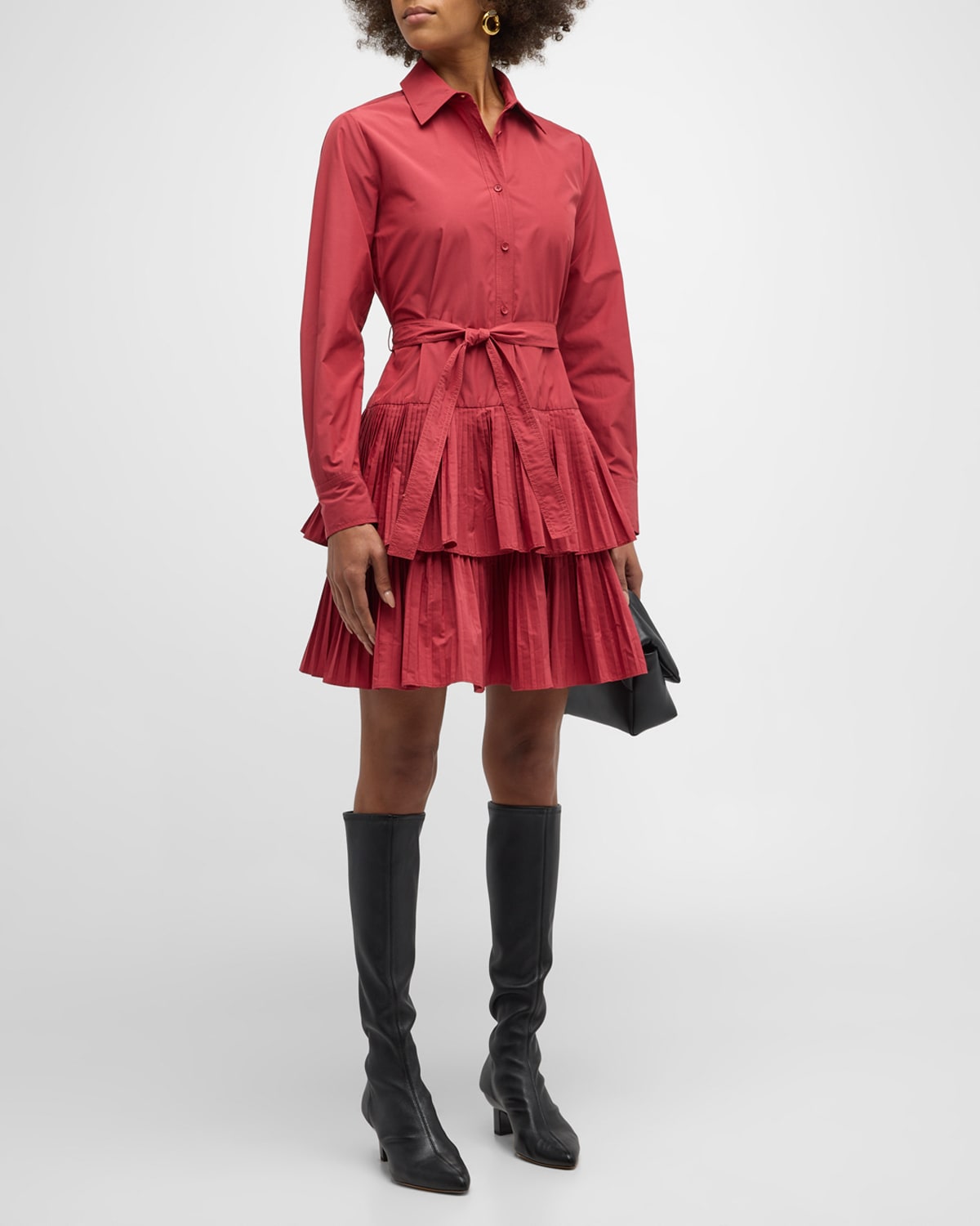 Shop Derek Lam 10 Crosby Sterling Long-sleeve Pleated Mini Shirtdress In Rhubarb