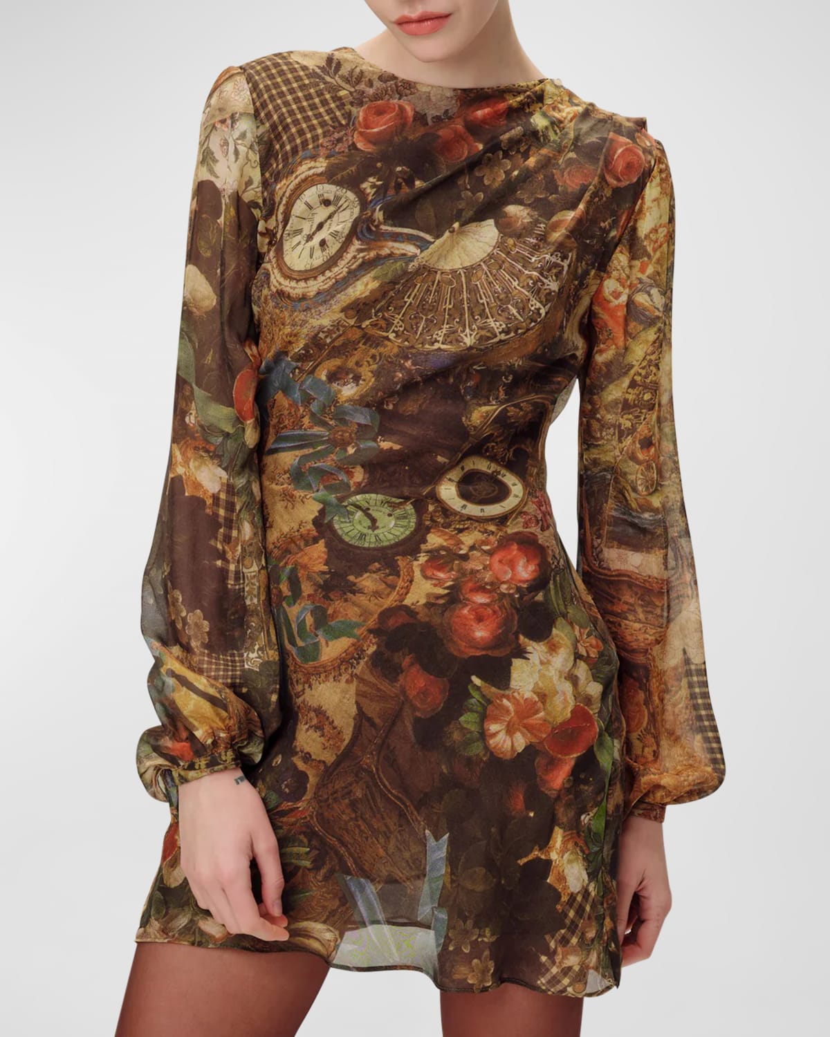 Ronny Kobo Timbra Abstract-print Chiffon Mini Dress In Bronze Combo