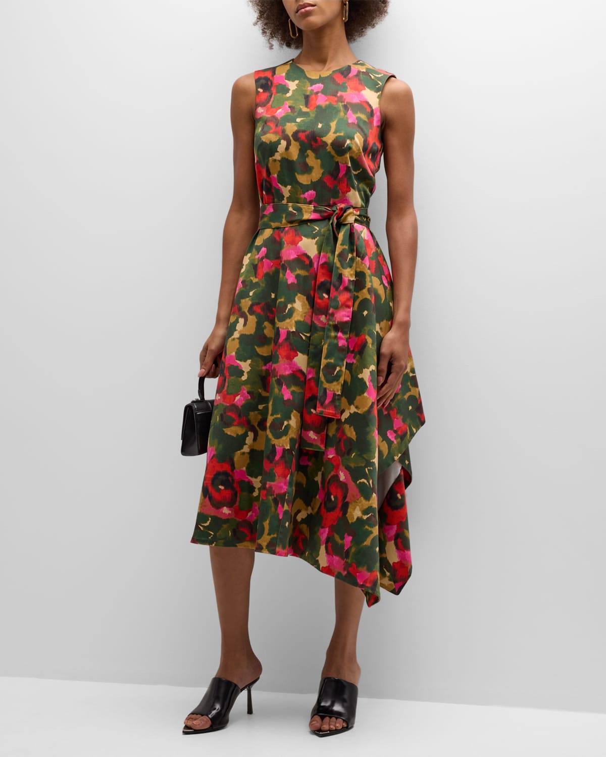 Natori Asymmetric Sleeveless Floral-print Midi Dress In Paprika