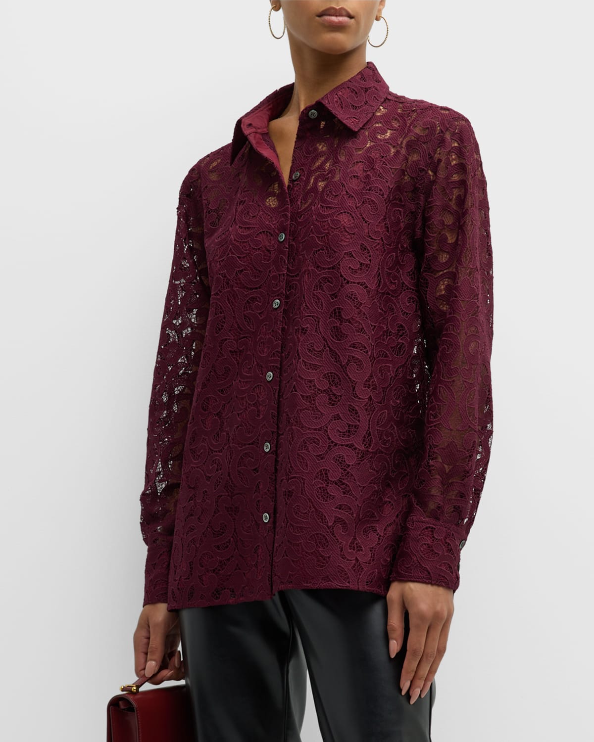 Natori Button-down Scroll Lace Shirt In Bordeaux