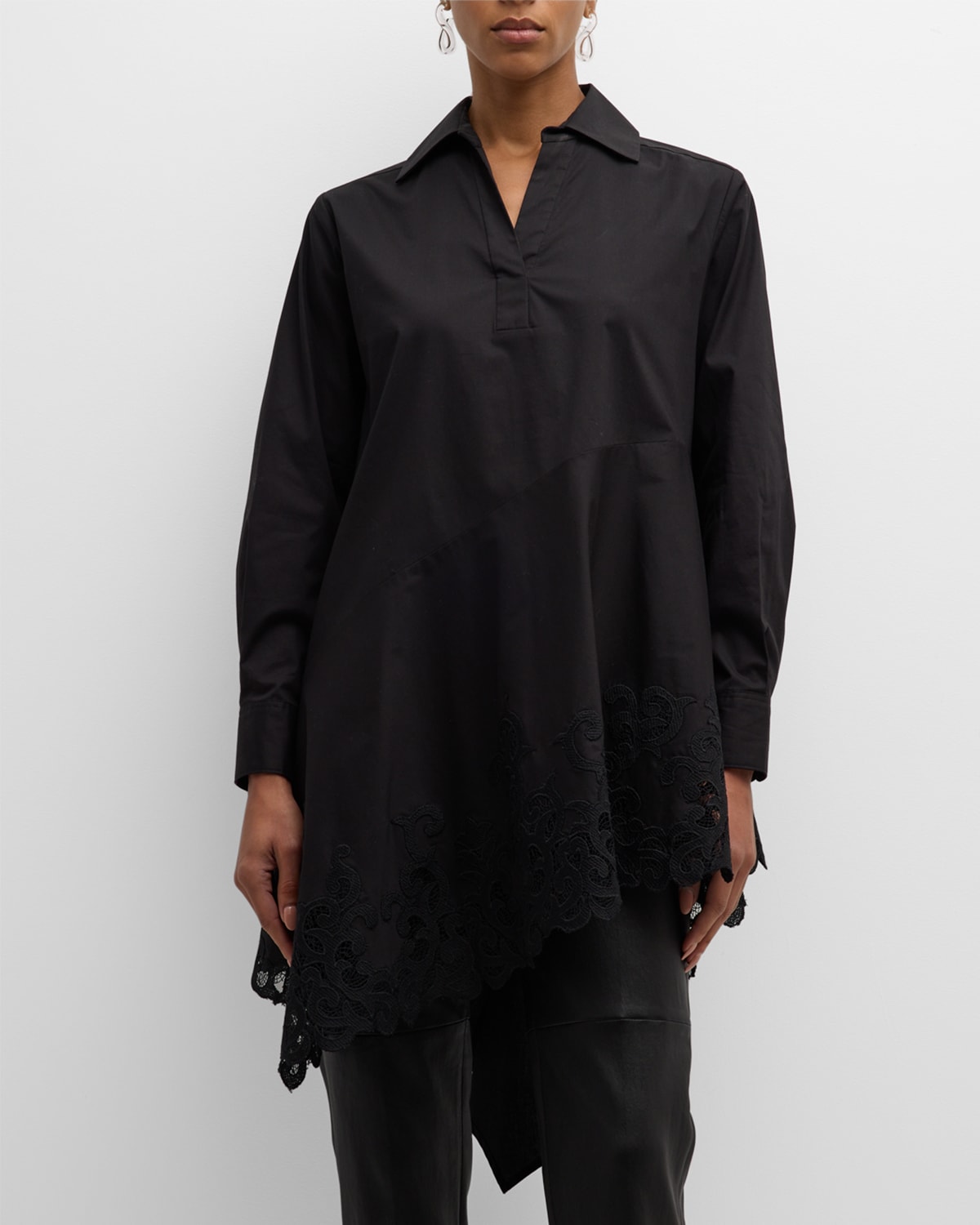 Natori Asymmetric Lace-inset Cotton Poplin Shirt In Black