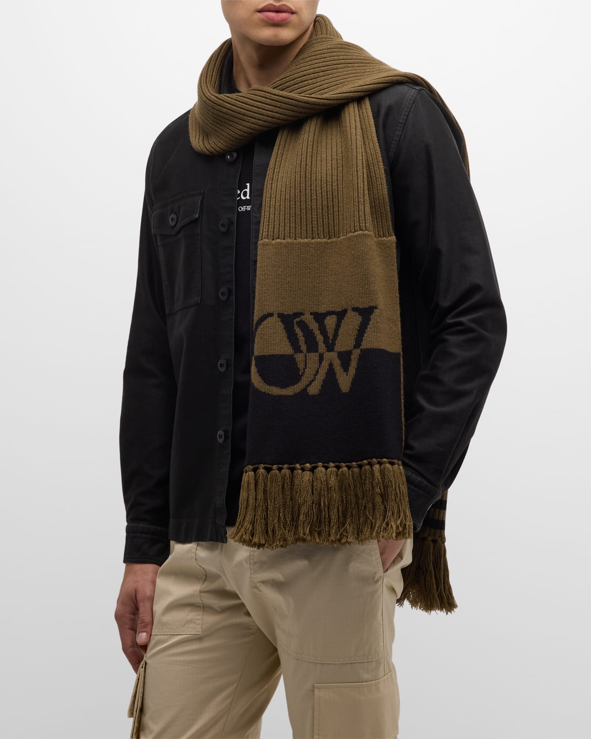 Shop Off-white Men's Ow Logo Wool Knit Scarf In Green Black