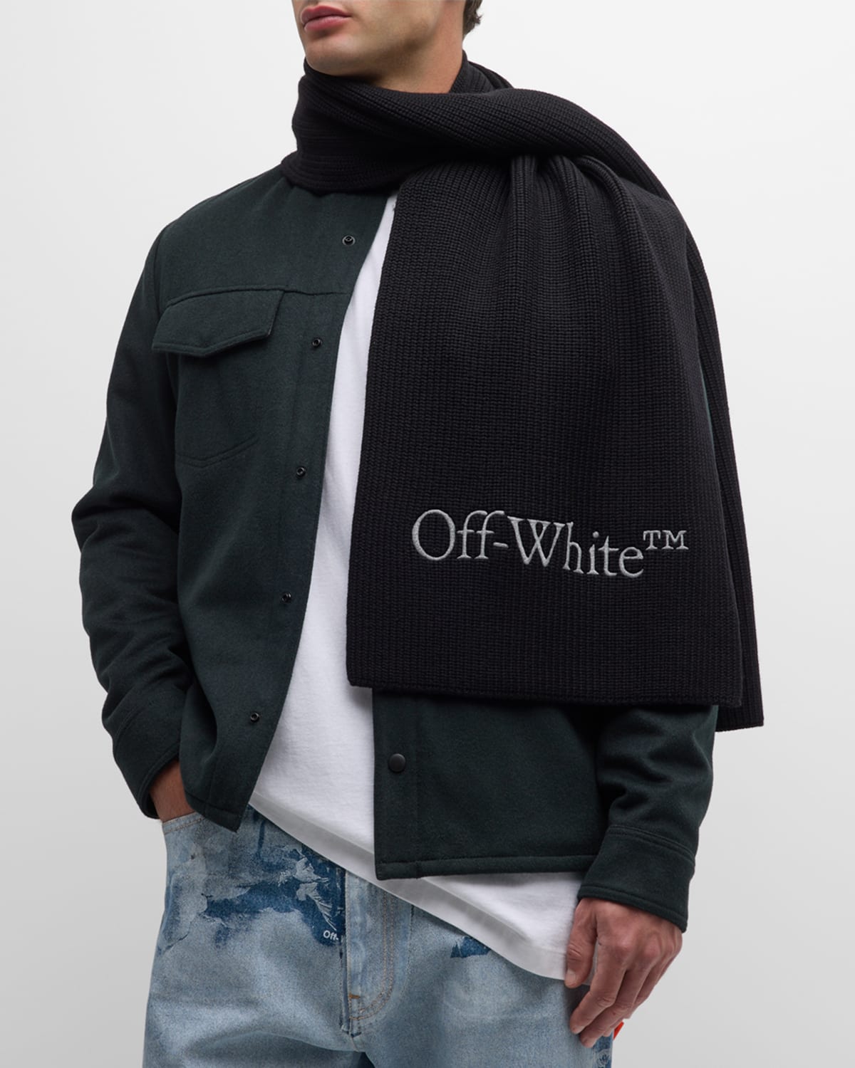 Off-white Men's Bookish Logo Knit Scarf In Black Silver
