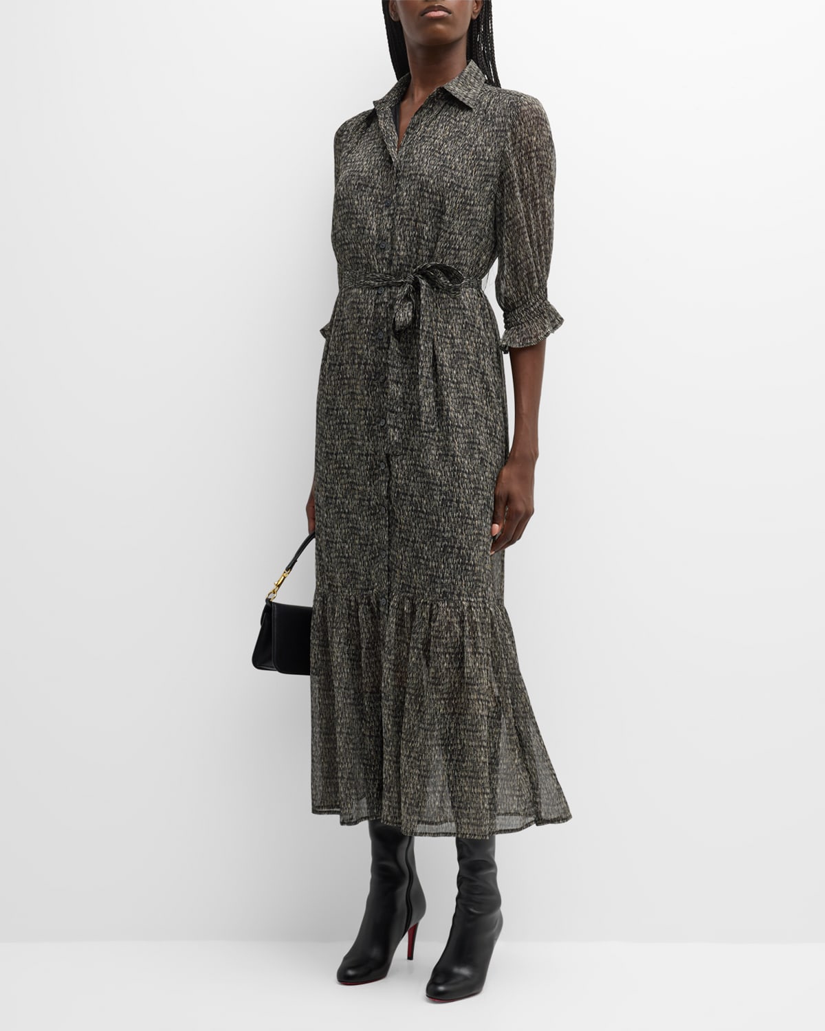 Finley Sienna Belted Pixel-Print Chiffon Midi Dress