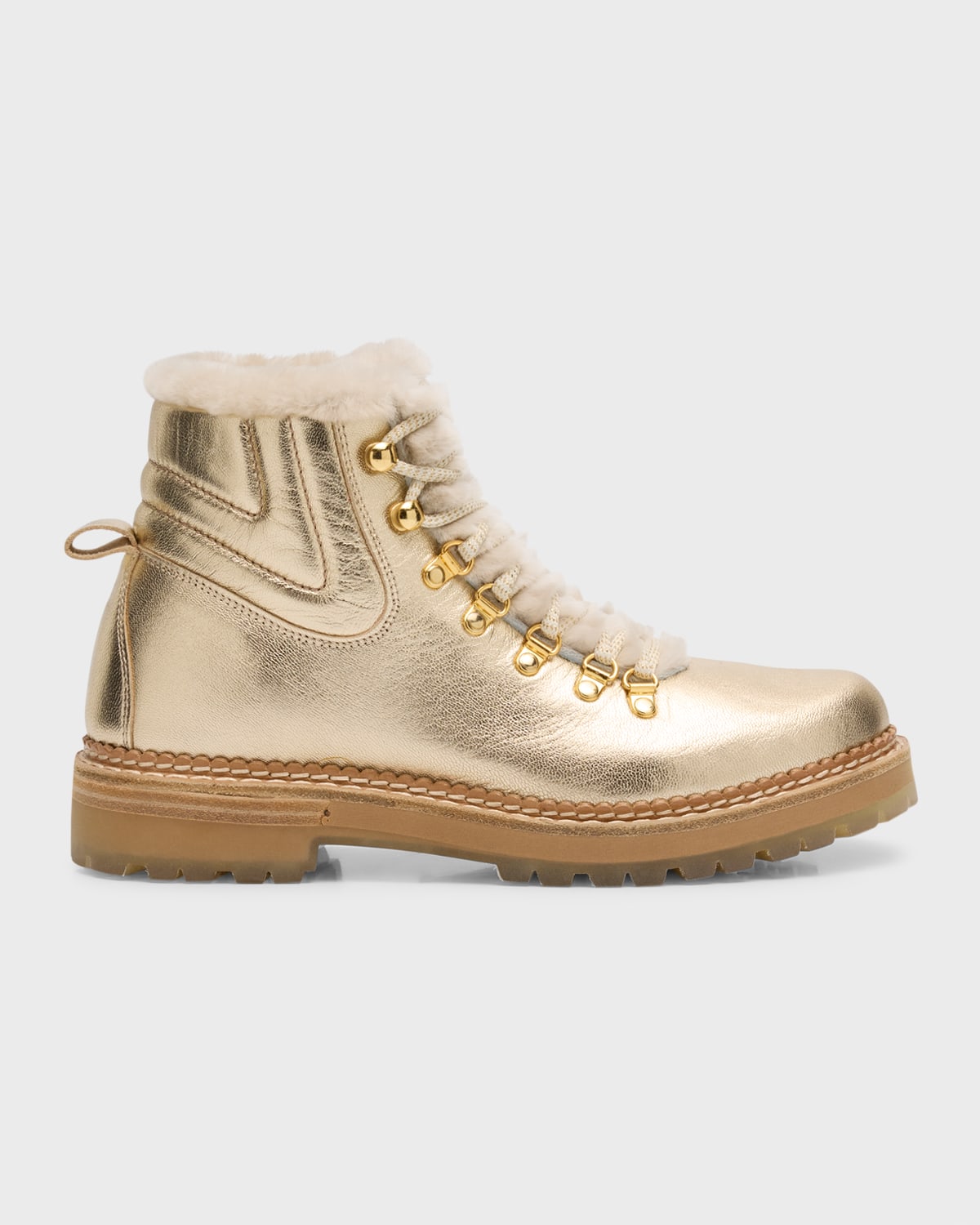 Metallic Leather Shearling-Lined Hiking Boots