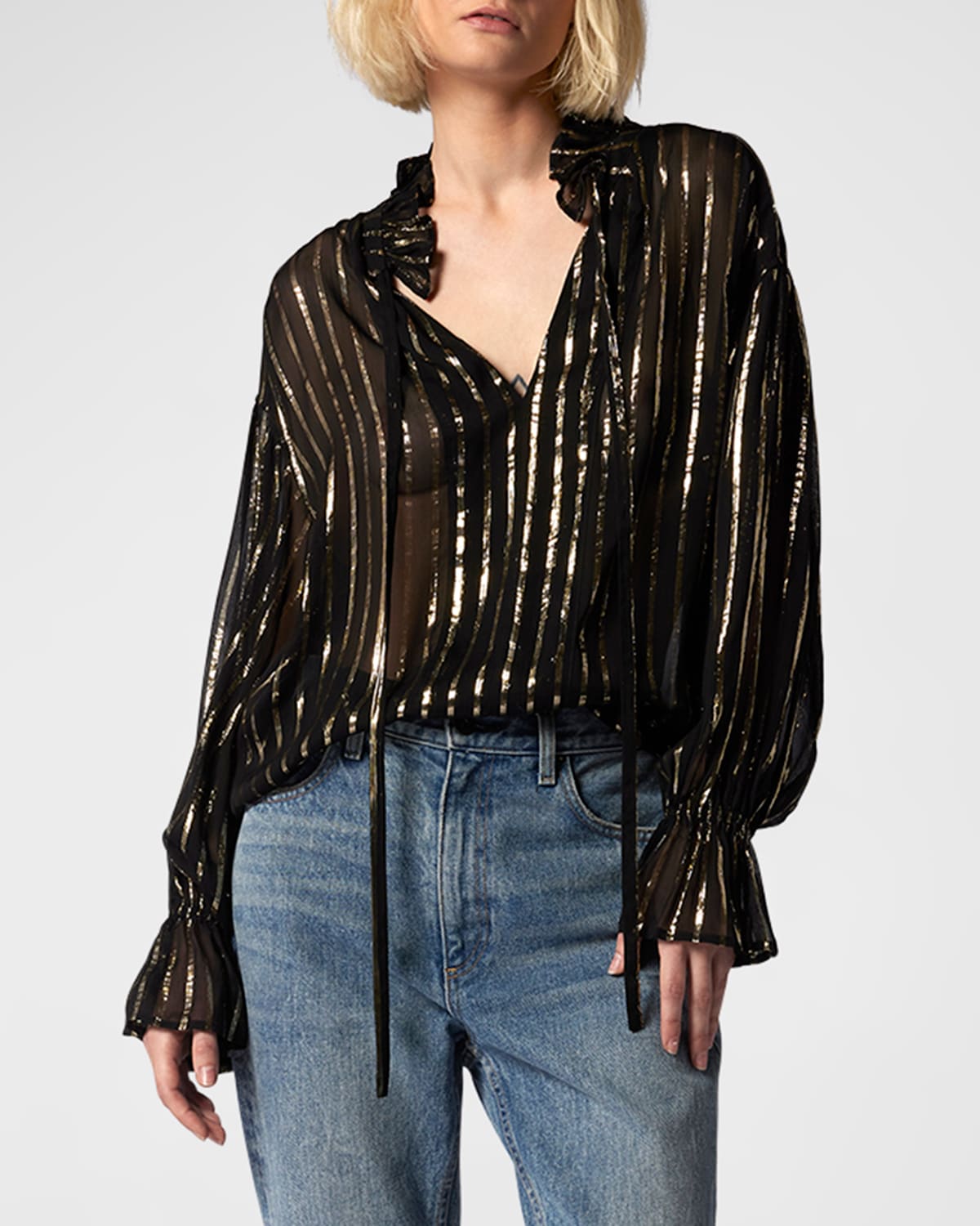 Equipment Farah Stripe Metallic Cutout Blouse In True Black And Go