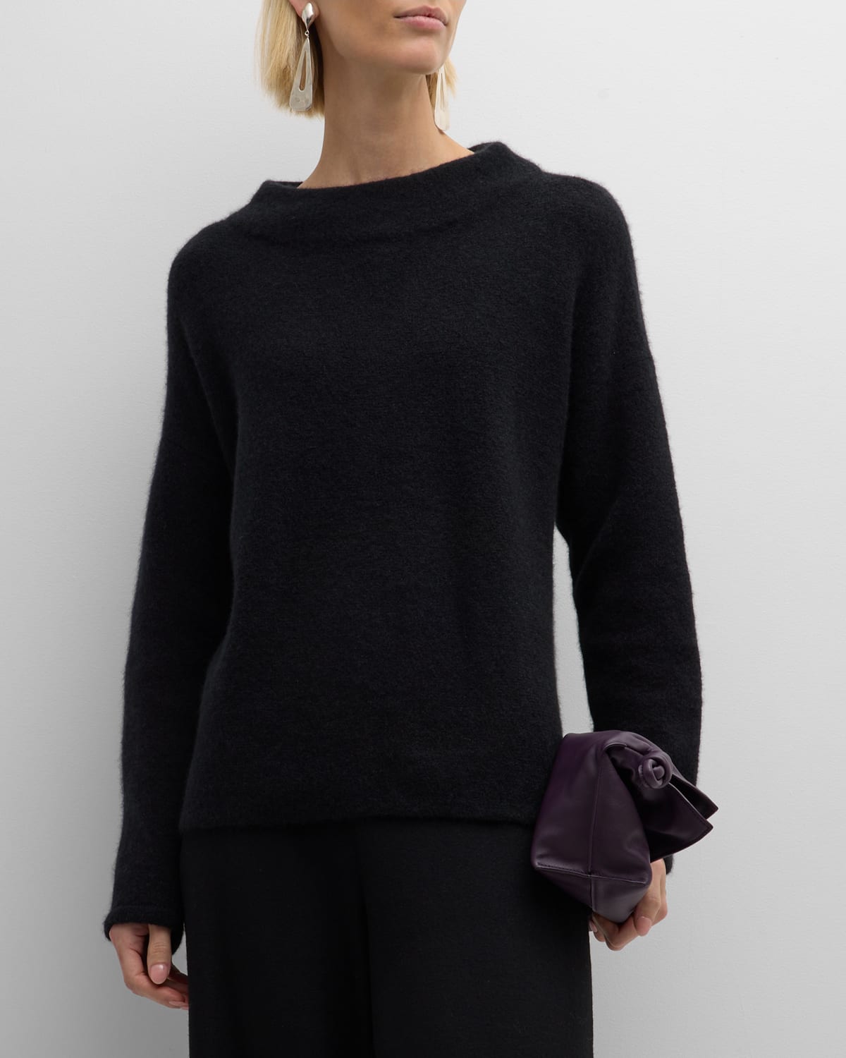 Eileen Fisher Missy Cashmere Silk Boucle Bliss Funnel-neck Sweater In Black
