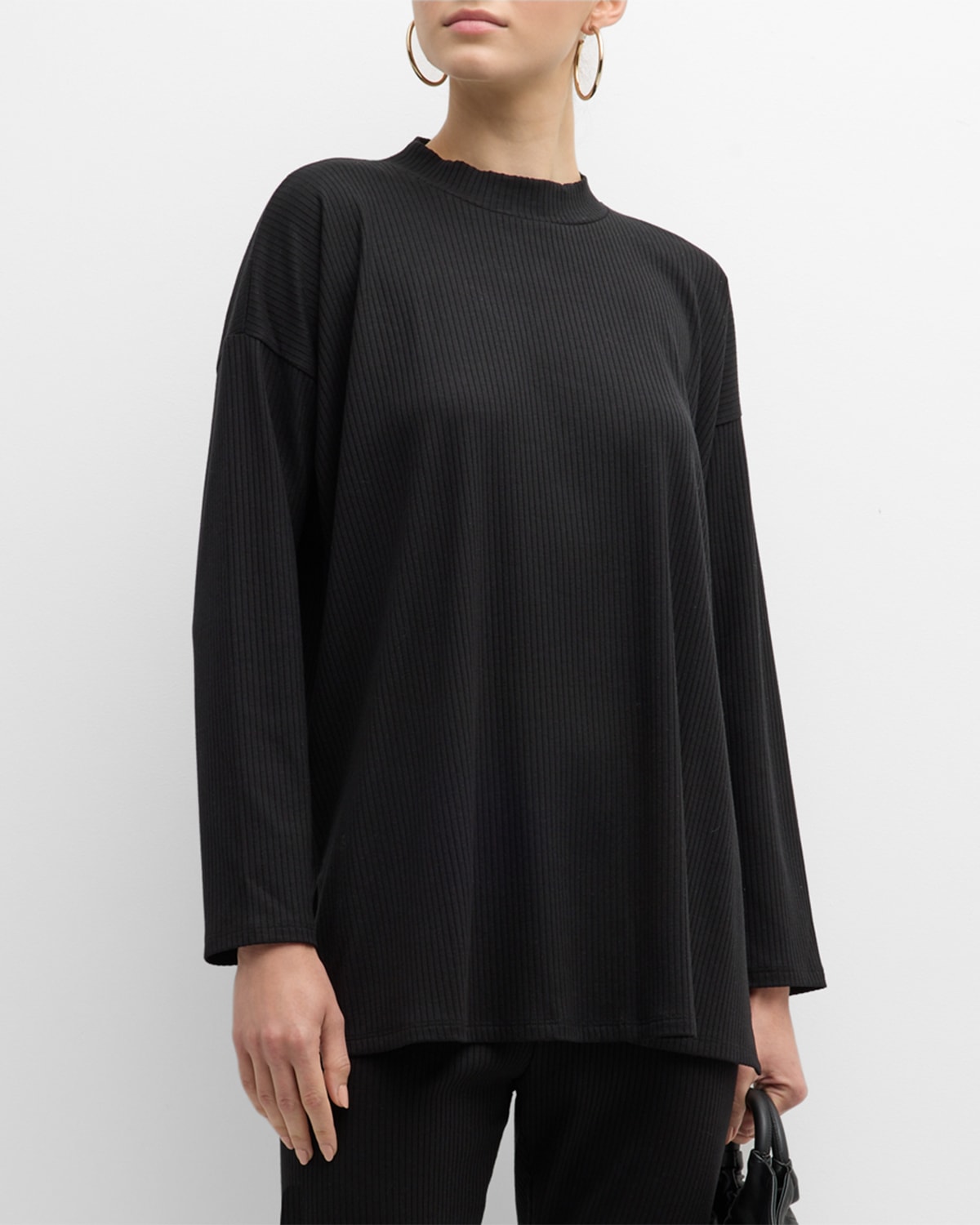 Eileen Fisher Missy Mock-neck Stretch Rib-knit Top In Black