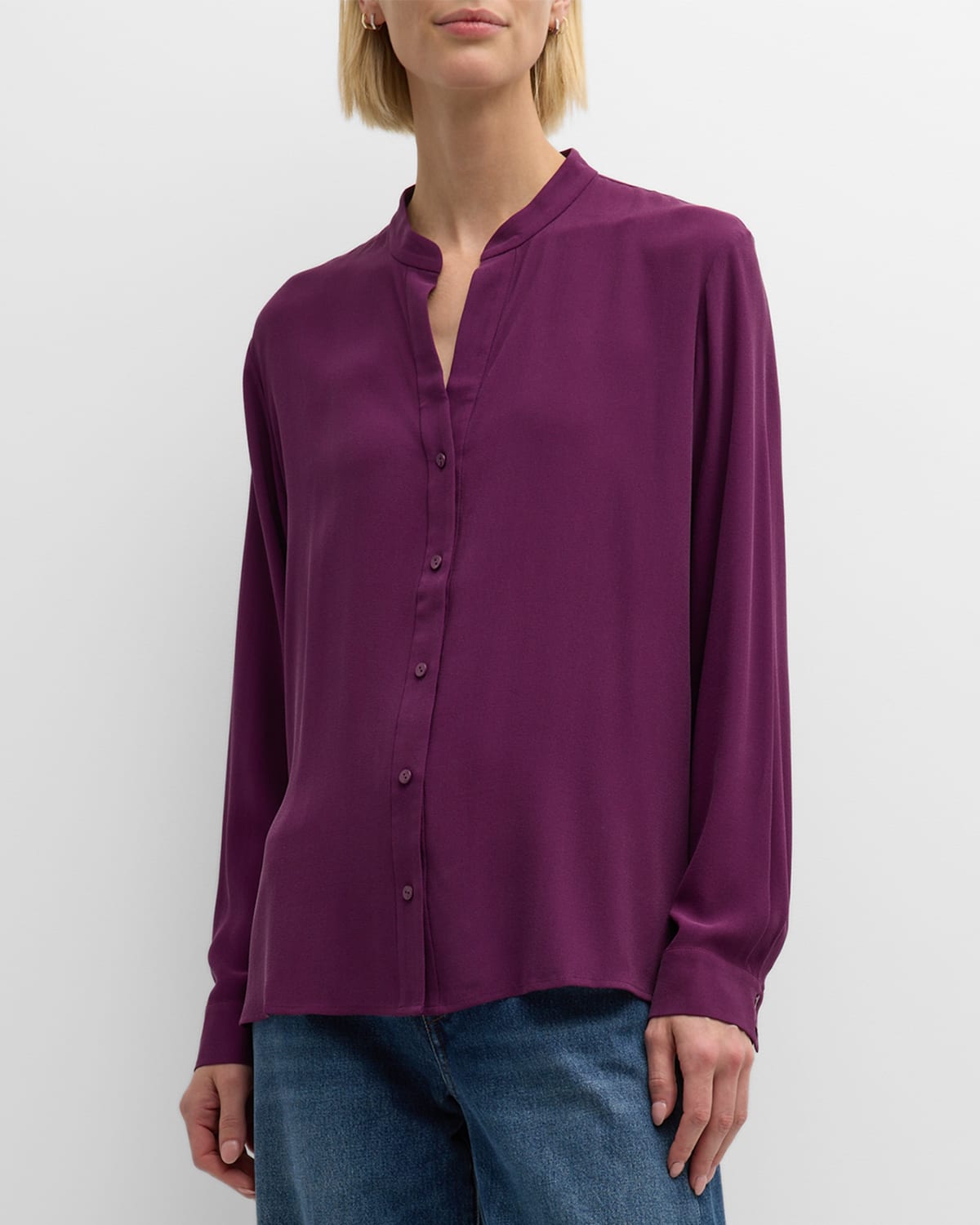 EILEEN FISHER MISSY SILK GEORGETTE CREPE MANDARIN COLLAR SHIRT