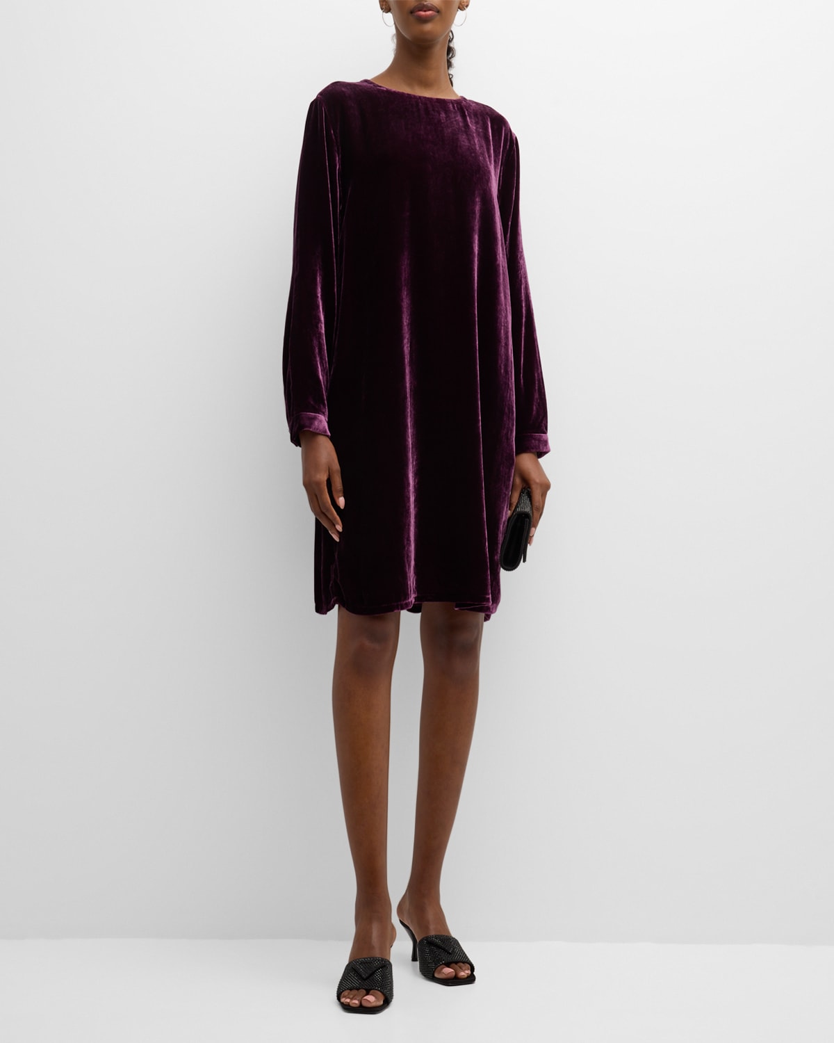 Eileen Fisher Long-sleeve Velvet Mini Shift Dress In Sweet Plum