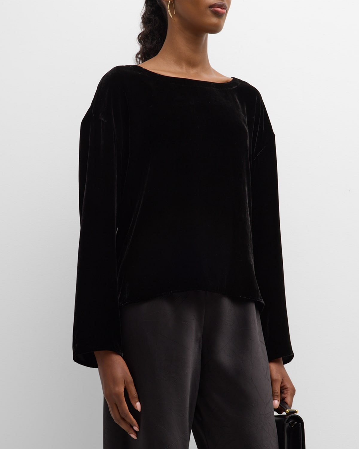 Eileen Fisher Long-sleeve Scoop-neck Velvet Top In Black