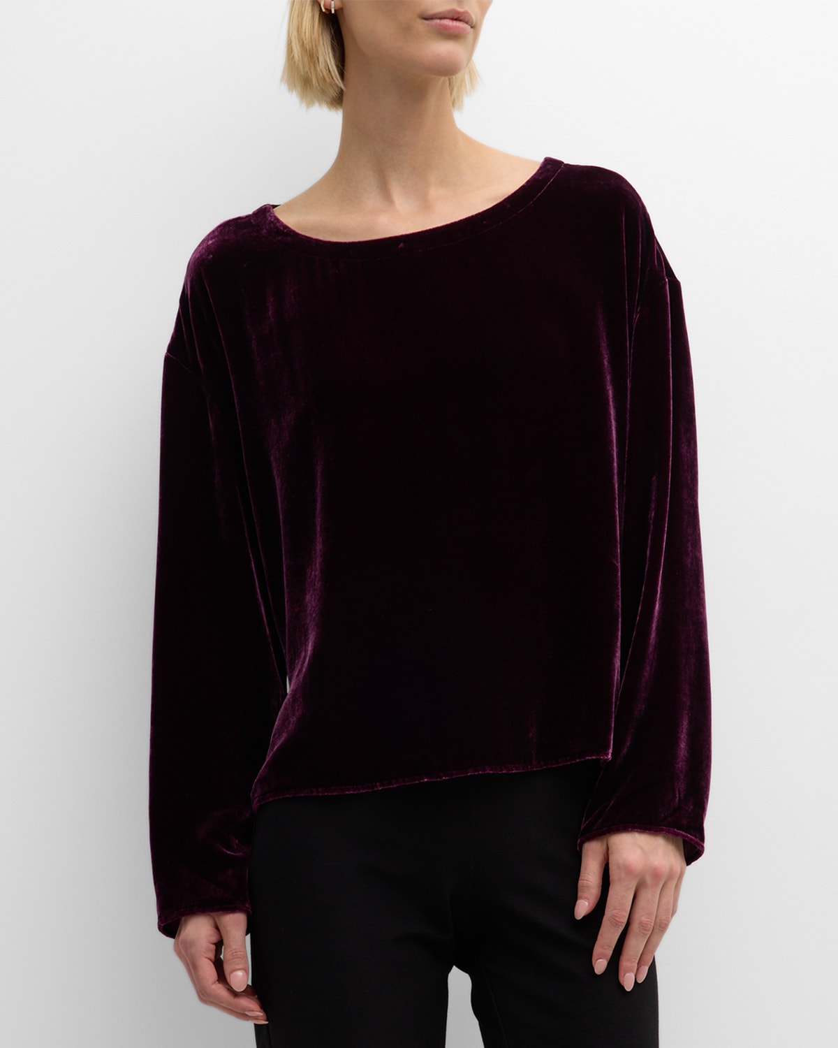 Eileen Fisher Long-sleeve Scoop-neck Velvet Top In Sweet Plum