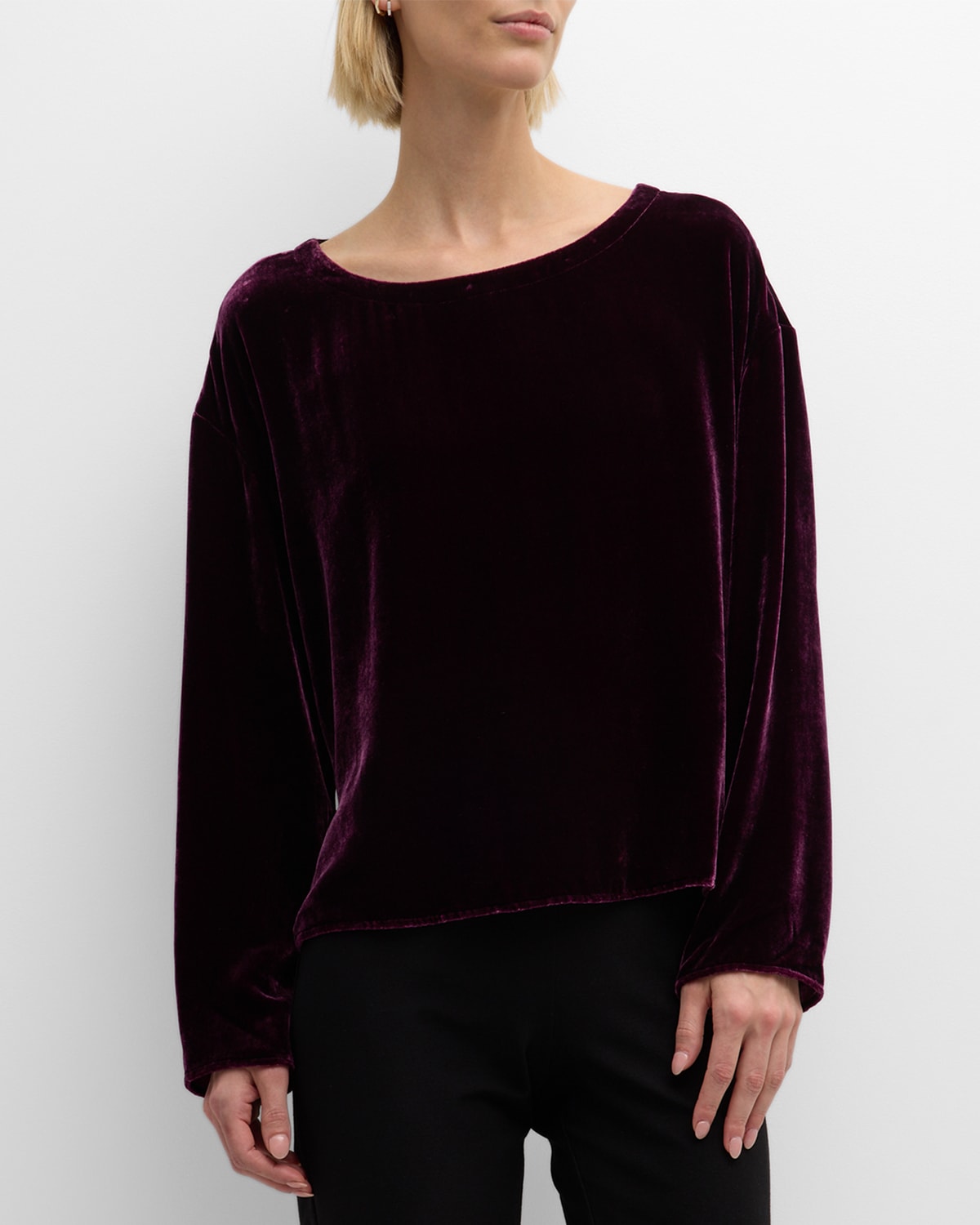 EILEEN FISHER LONG-SLEEVE SCOOP-NECK VELVET TOP