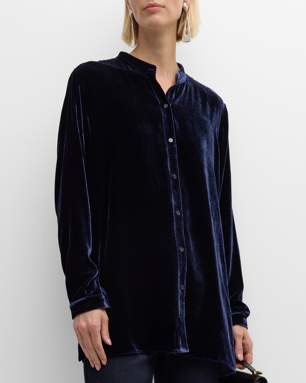 EILEEN FISHER BAND-COLLAR BUTTON-DOWN VELVET SHIRT