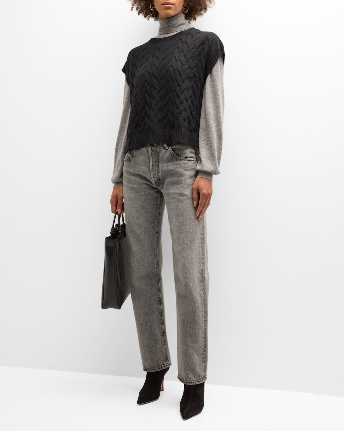Eileen Fisher Cap-sleeve Cable-knit Sweater In Black