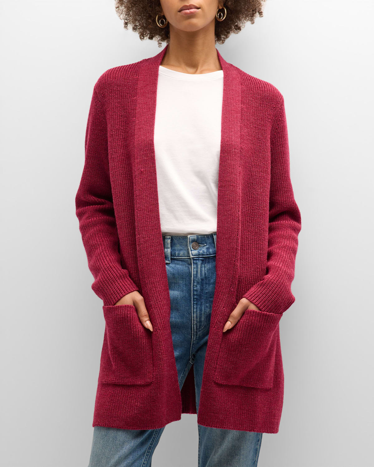Eileen Fisher Ribbed Open-front Wool Cardigan In Roseberry