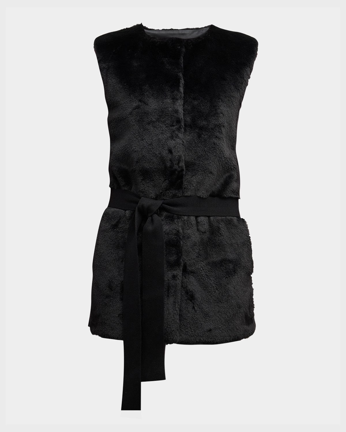 KOBI HALPERIN LIOR SLEEVELESS BELTED FAUX FUR SWEATER 