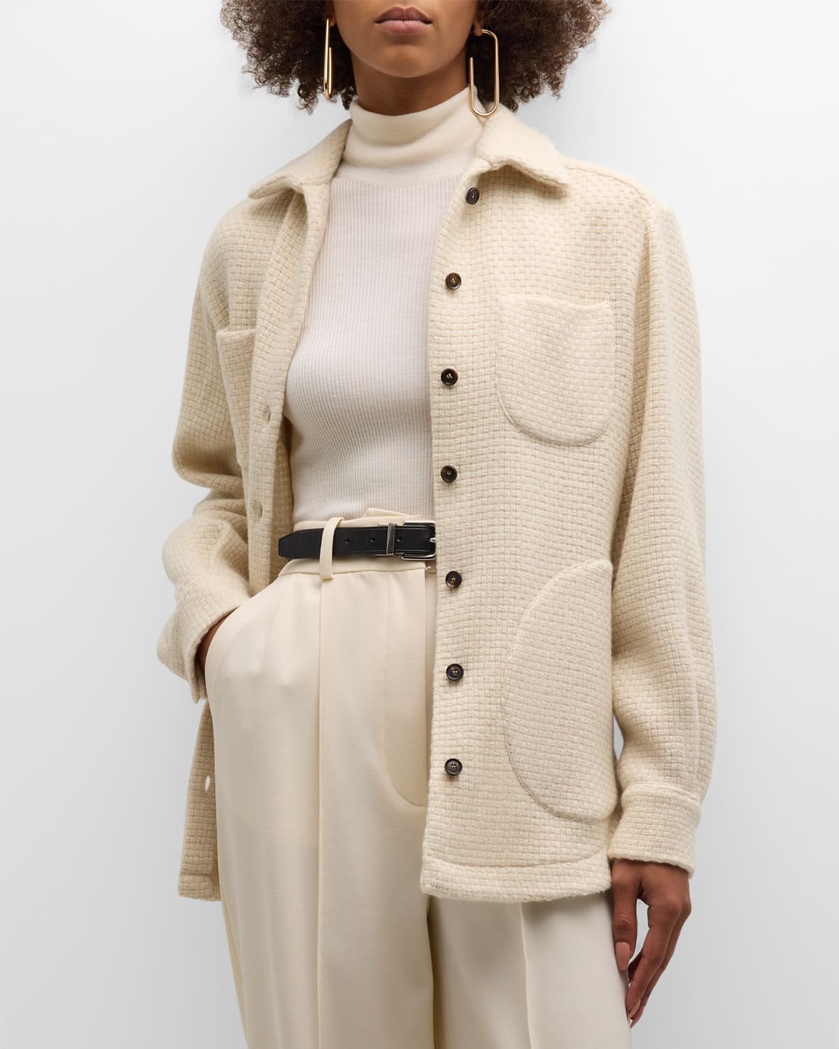 Kiton Woven Cashmere Knit Overshirt Coat In Cream
