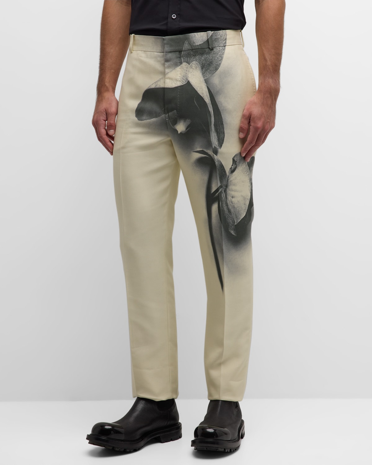 Shop Alexander Mcqueen Men's Orchid-print Tuxedo Pants In Cloudivory