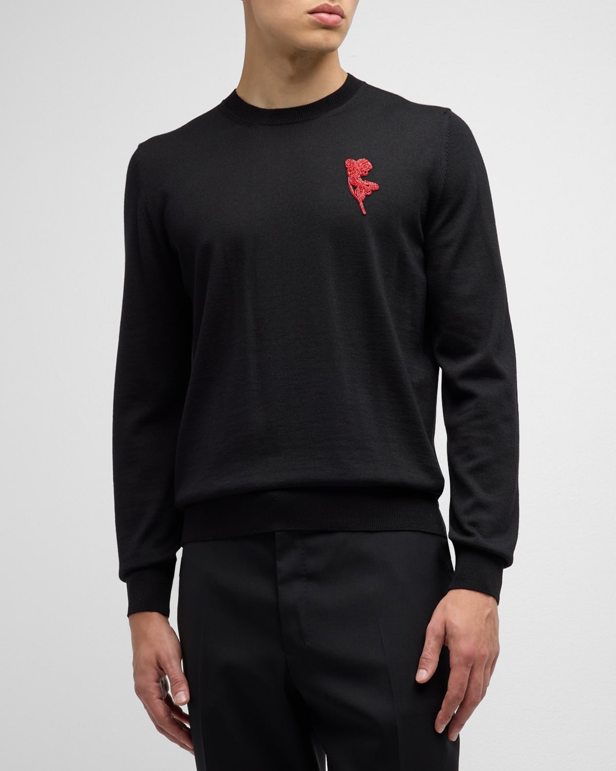 Alexander Mcqueen Embellished Crewneck Wool Sweater In Black/red