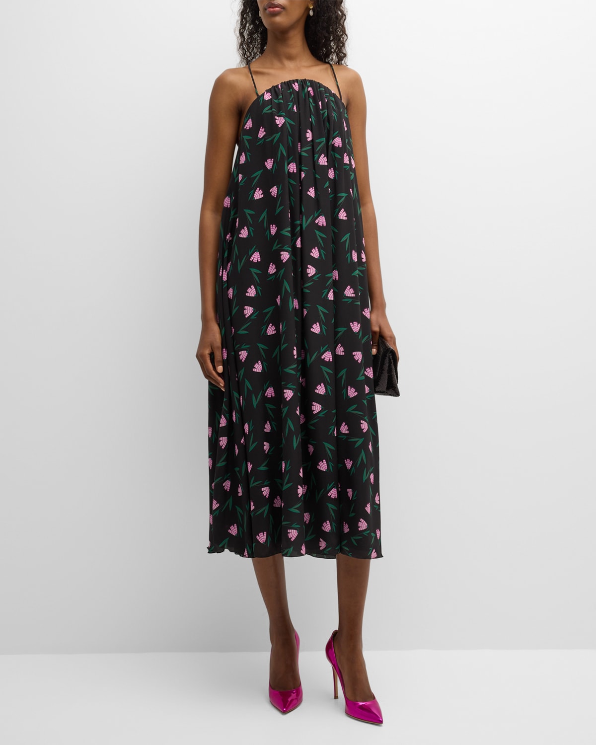 Shop Emporio Armani Sleeveless Floral-print Silk Midi Shift Dress In Black
