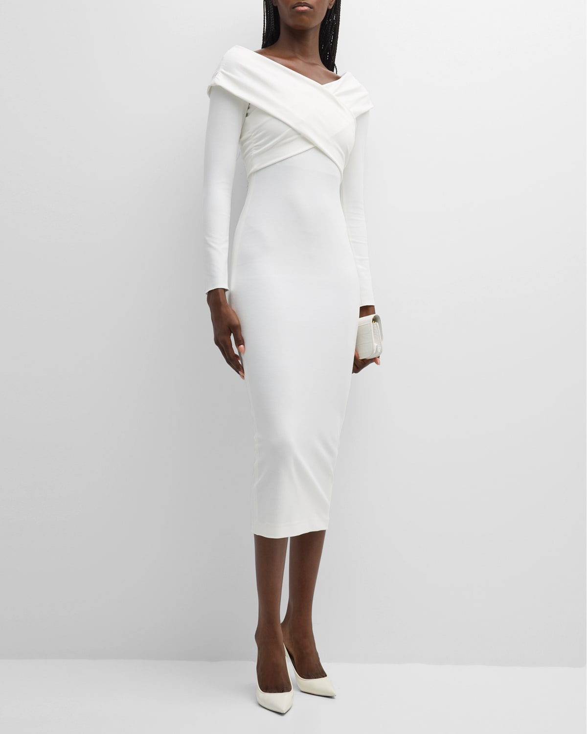 Shop Emporio Armani Off-shoulder Bodycon Jersey Midi Dress In White