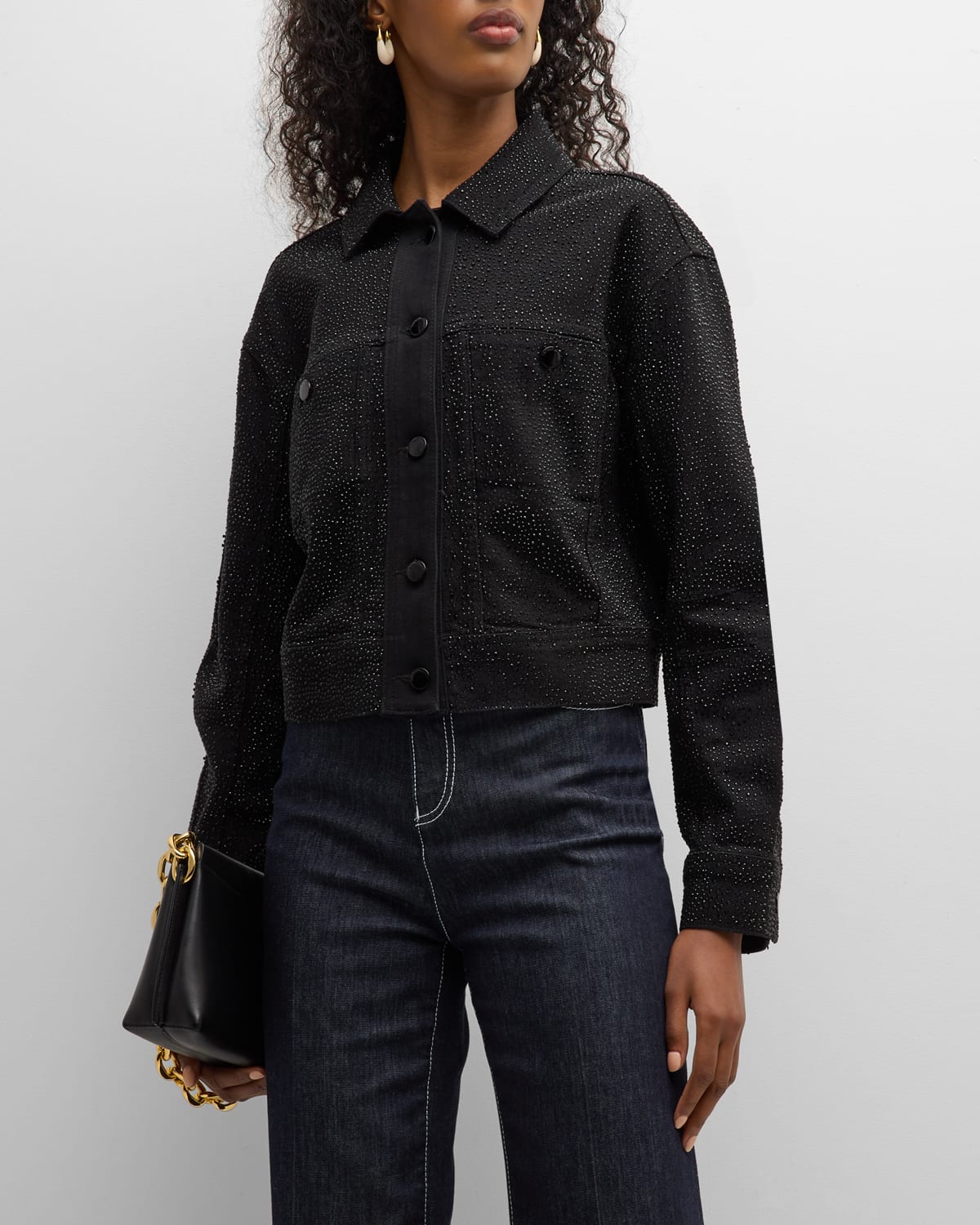 Emporio Armani Button-down Crystal Jean Jacket In Solid Black