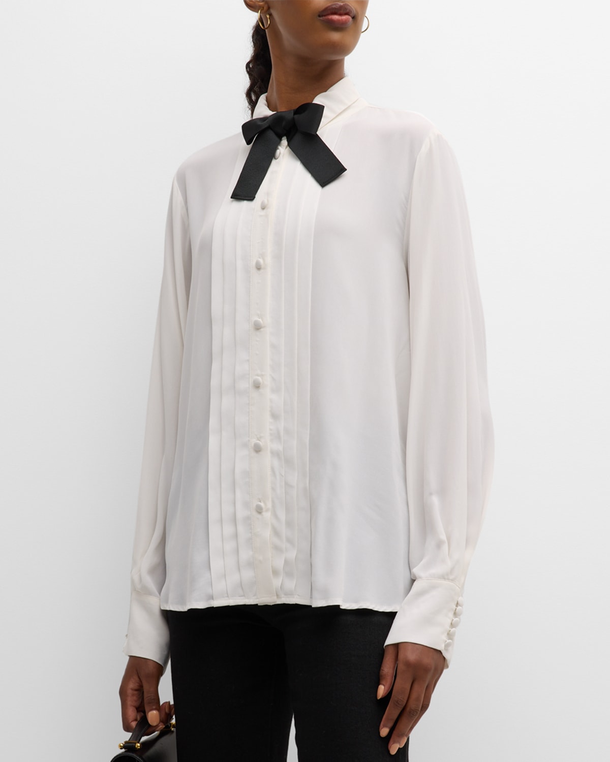 Shop Emporio Armani Pintuck Bow Tie Button-down Shirt In White