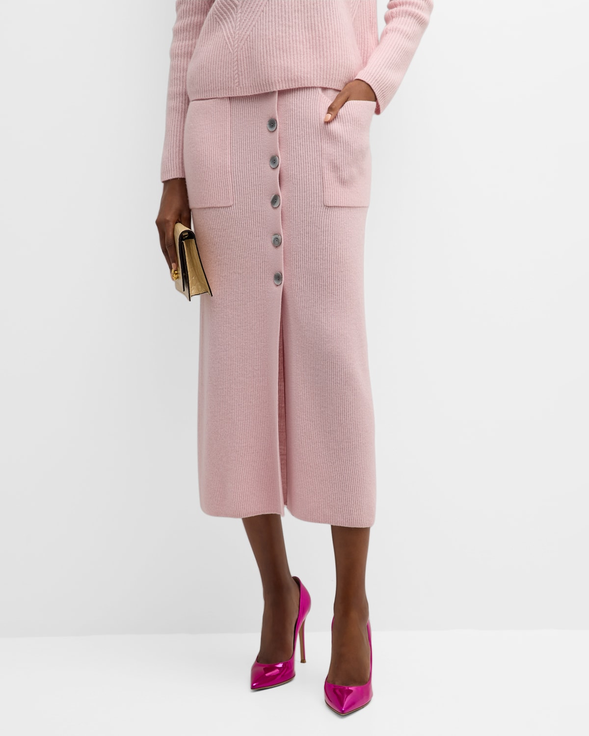 Shop Emporio Armani Ribbed Wool-cashmere Midi Skirt In Light Pink