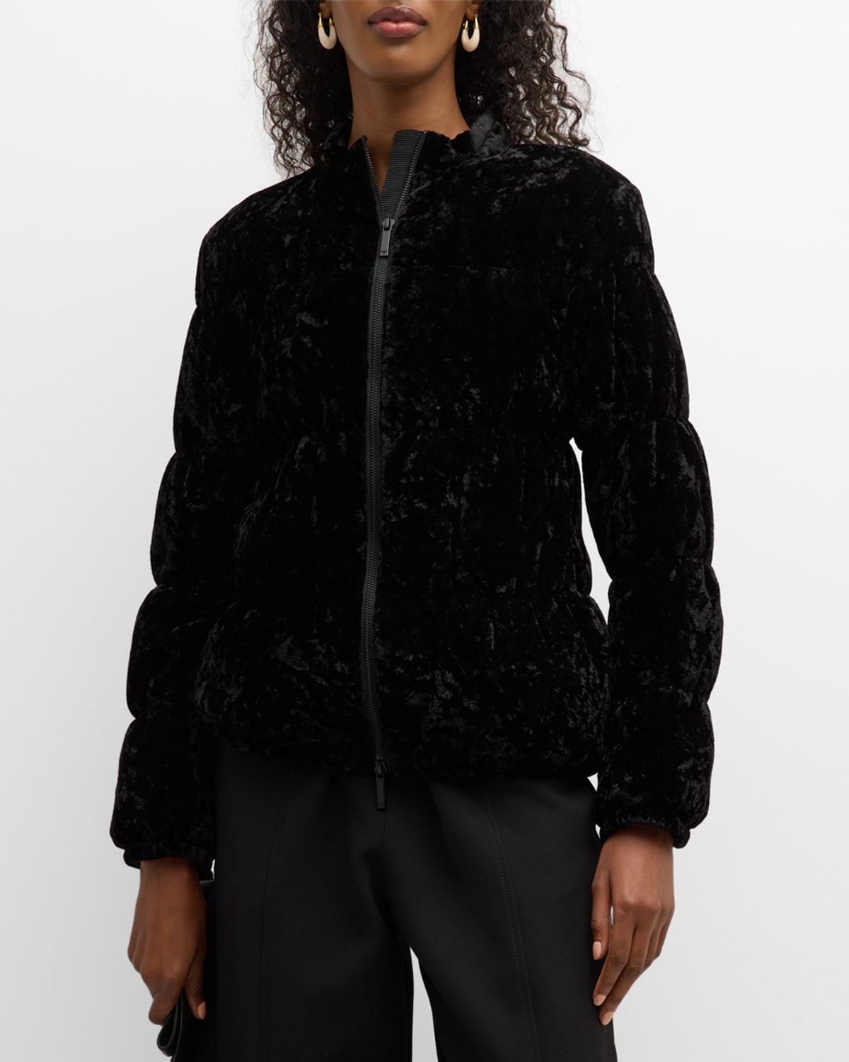 Shop Emporio Armani Zip-front Stretch Velvet Puffer Jacket In Black