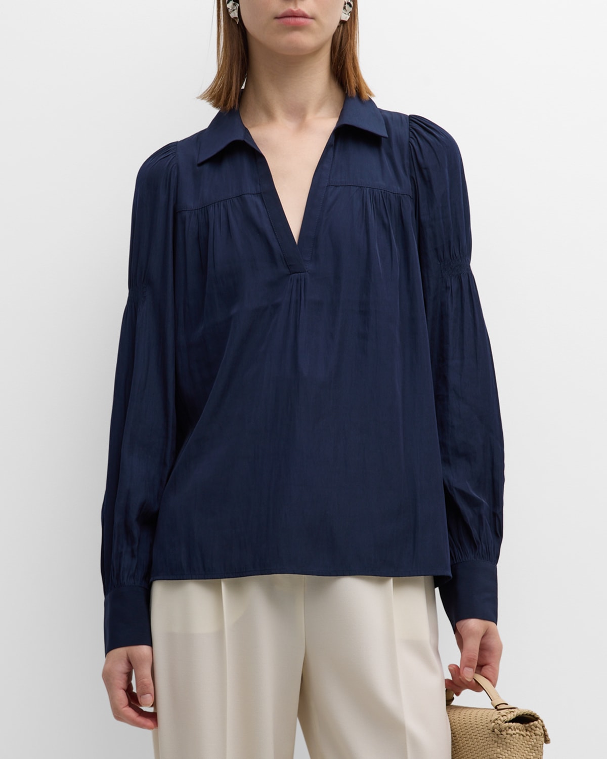 Brochu Walker Anson Ruched Puff-sleeve Blouse In Navy