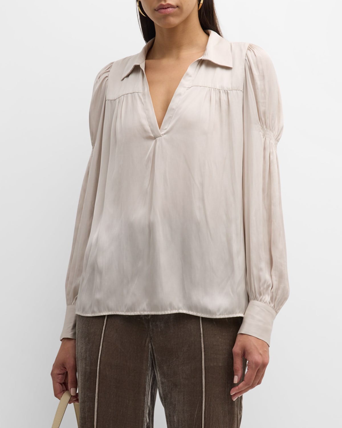 Brochu Walker Anson Ruched Puff-sleeve Blouse In Oyster Blush