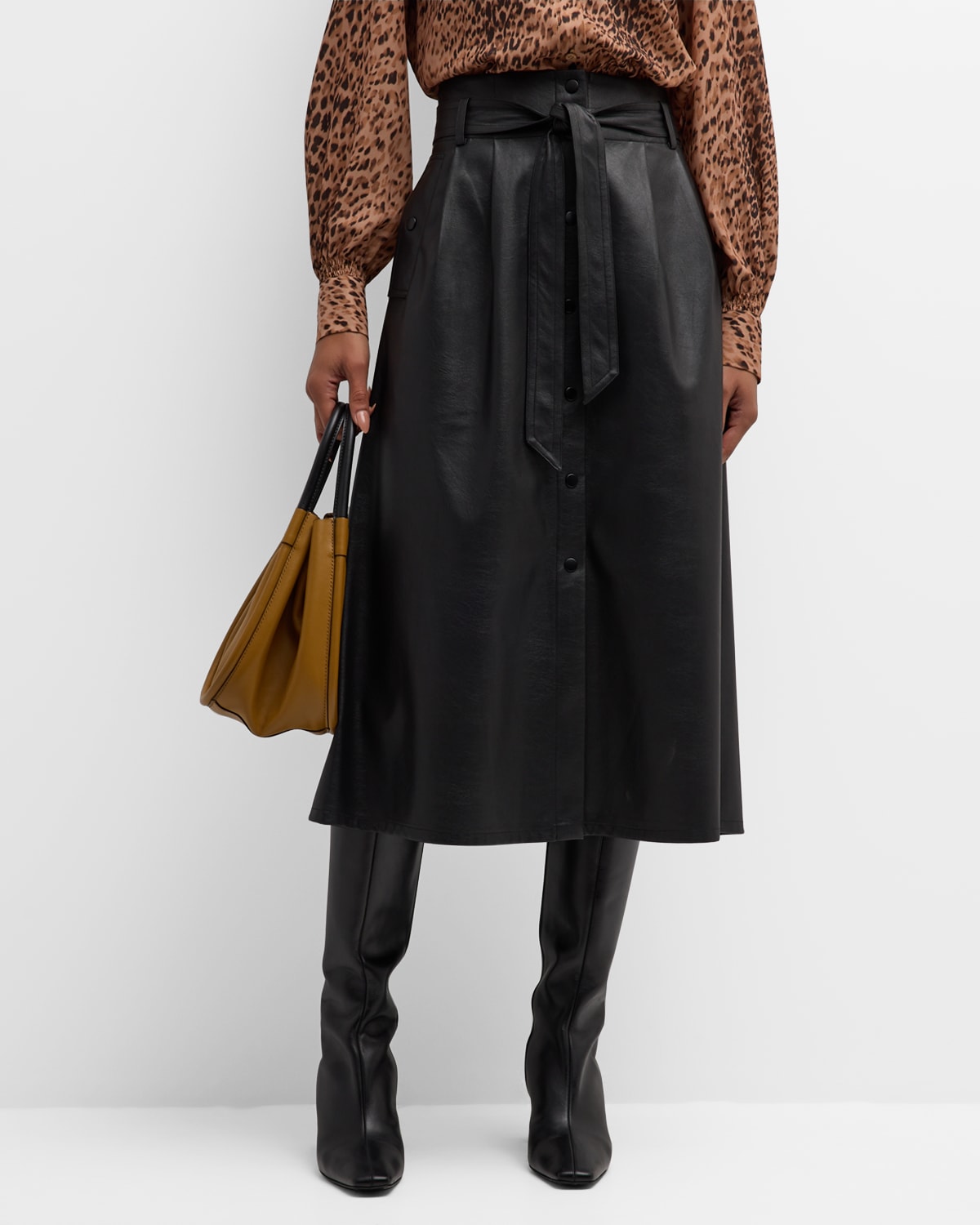Brochu Walker Teagan Belted Vegan Leather A-line Midi Skirt In Black Onyx