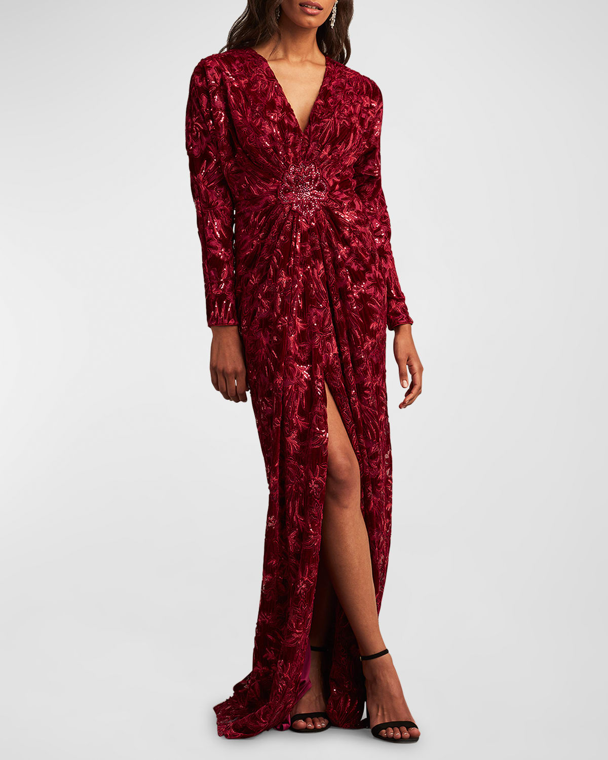 Dolman-Sleeve Sequin Velvet Gown