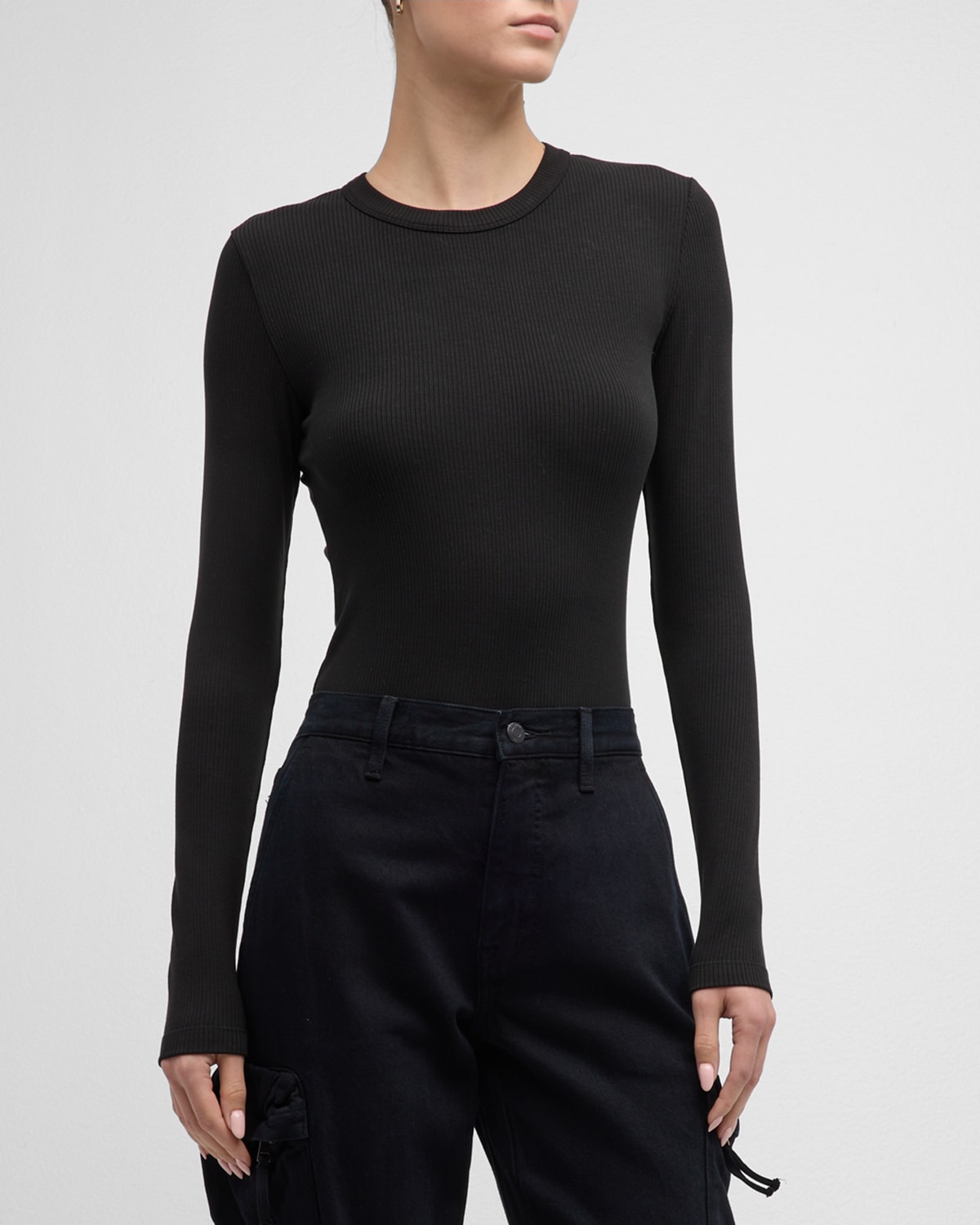 Pistola Bailey Long Sleeve Rib-knit Bodysuit In Noir Noir