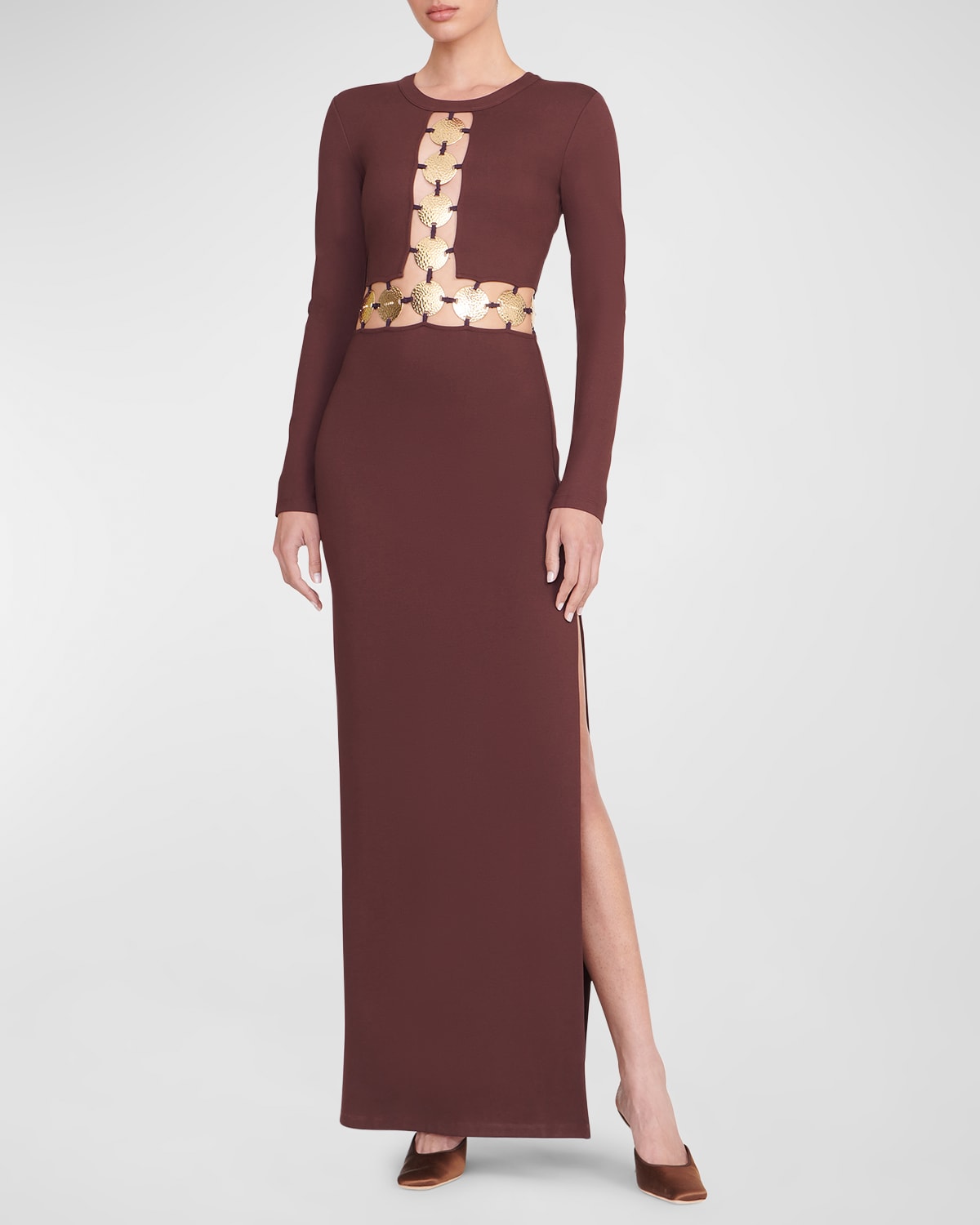 Shop Staud Delphine Long-sleeve Golden Hardware Cutout Dress In Dark Chocolate