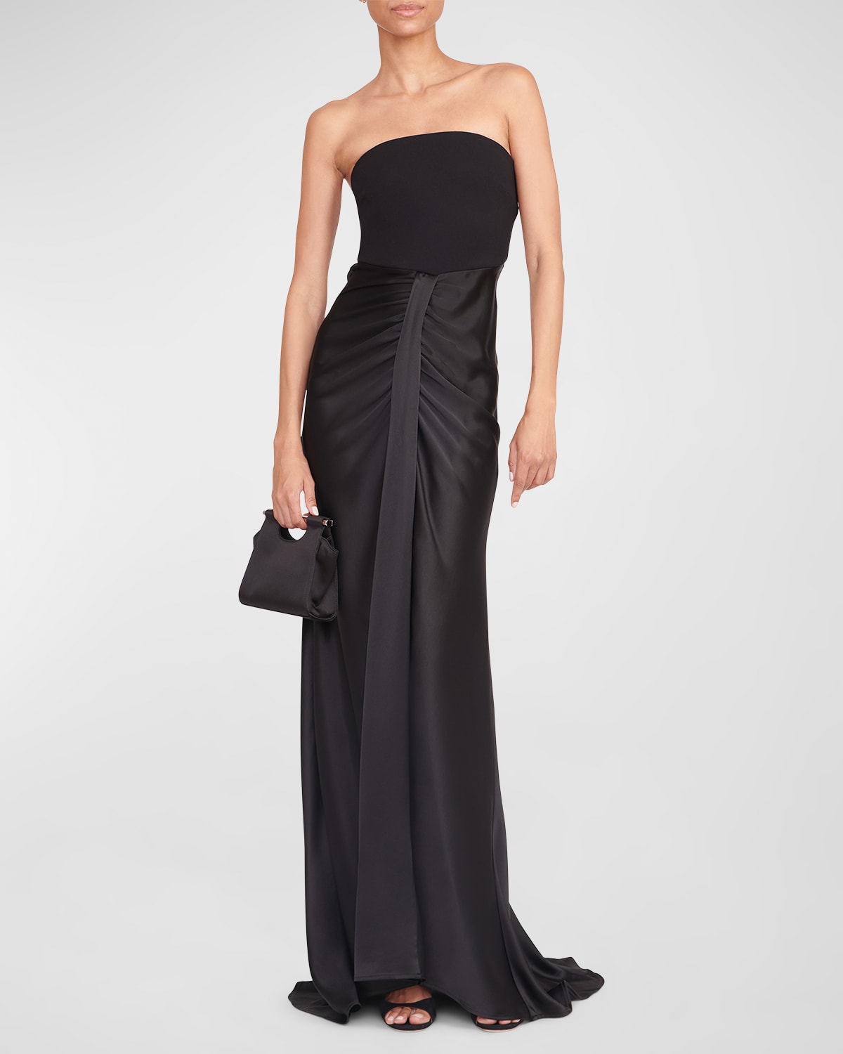 Shop Staud Wayfaring Strapless Draped Satin Gown In Black