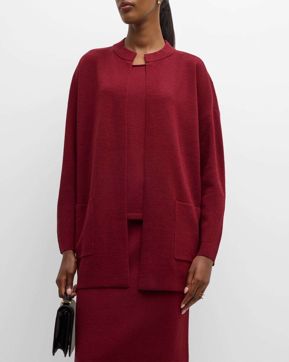 Eileen Fisher Washable Wool Crepe Long Cardigan In Red Cedar