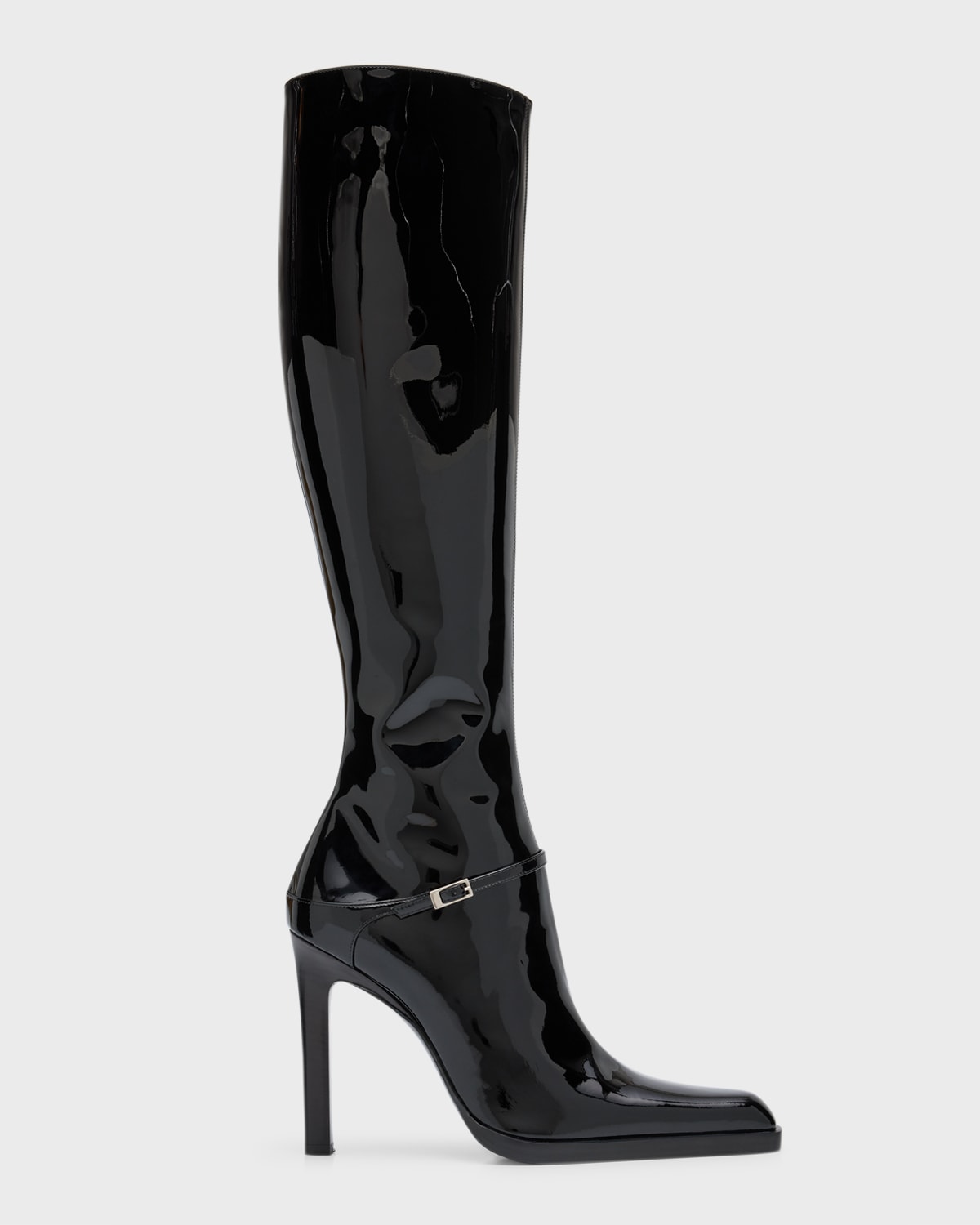 Saint Laurent Nina Patent Buckle Stiletto Knee Boots In Nero
