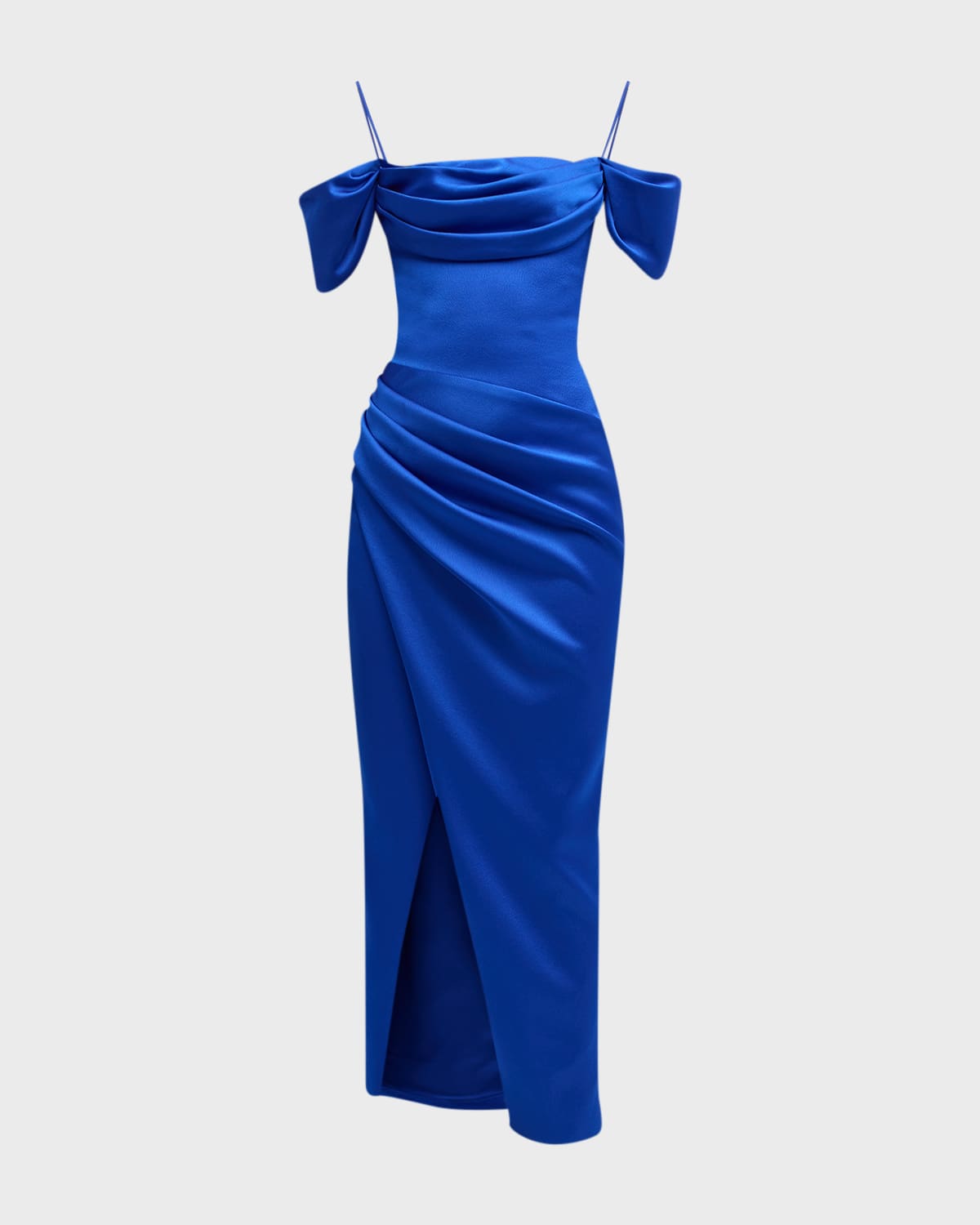 Rasario Draped Off-the-shoulder Satin Midi Dress In Blue