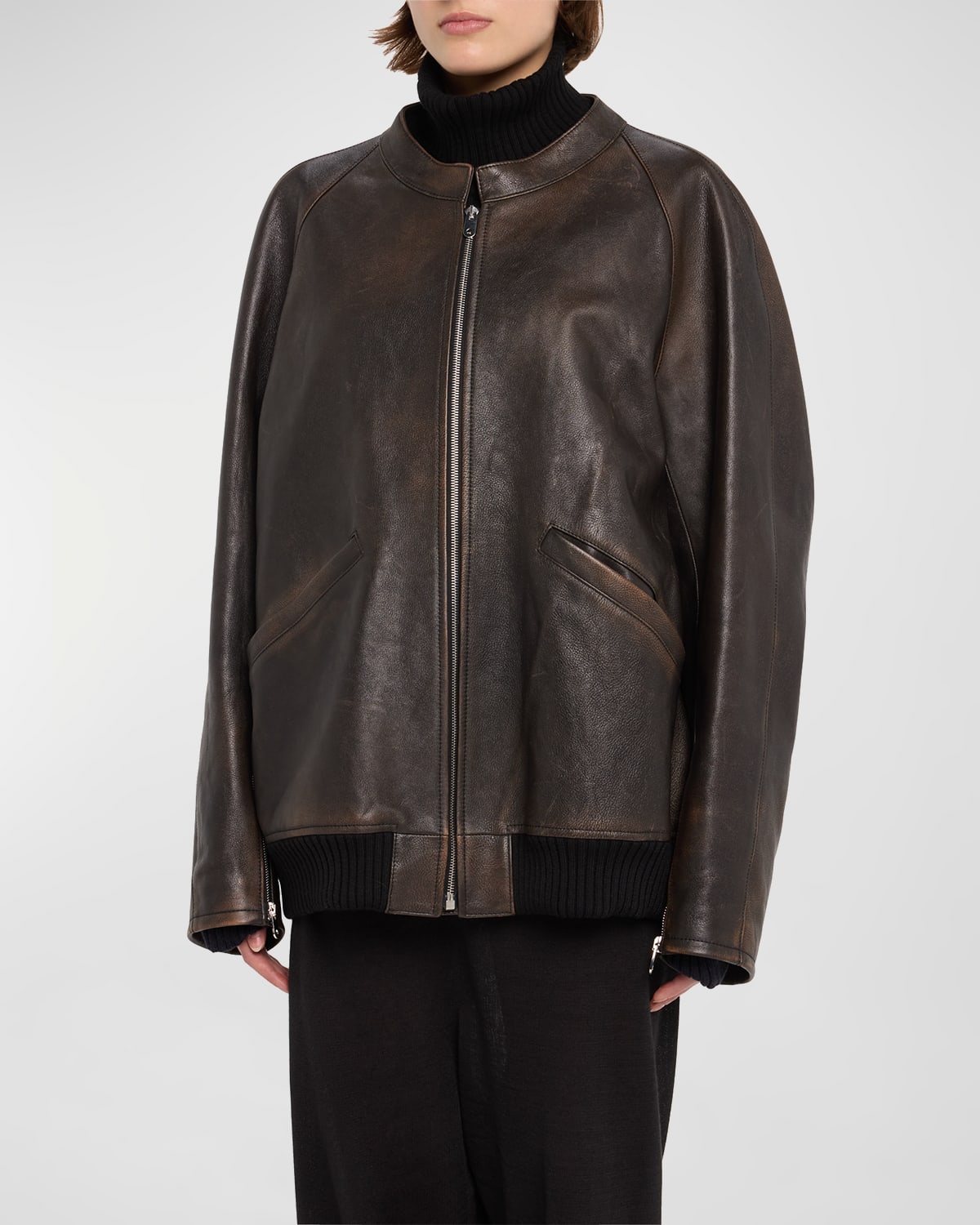 Shop The Row Kengia Leather Bomber Jacket In Brown