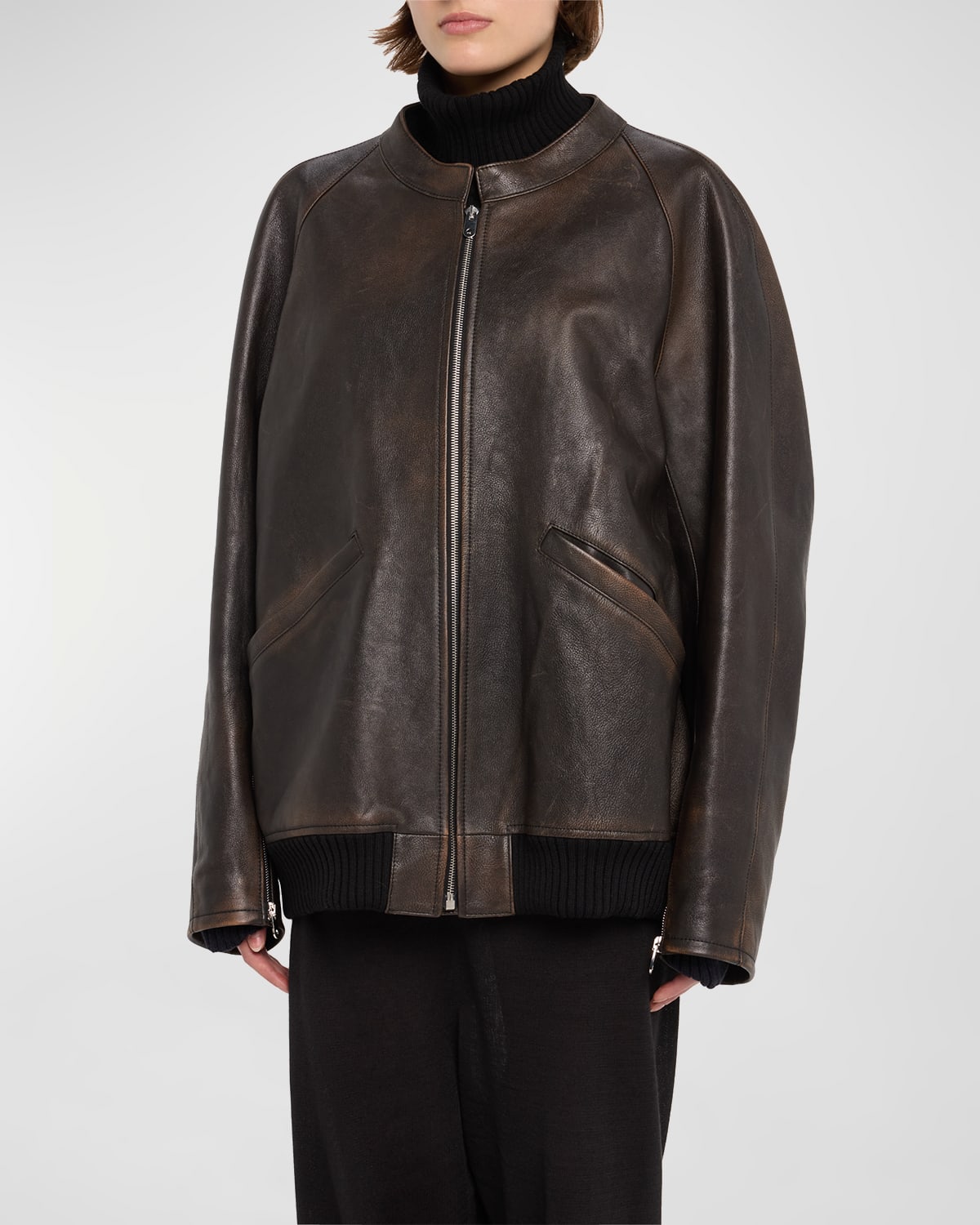 The Row Kengia Distressed Leather Bomber Jacket In Brown