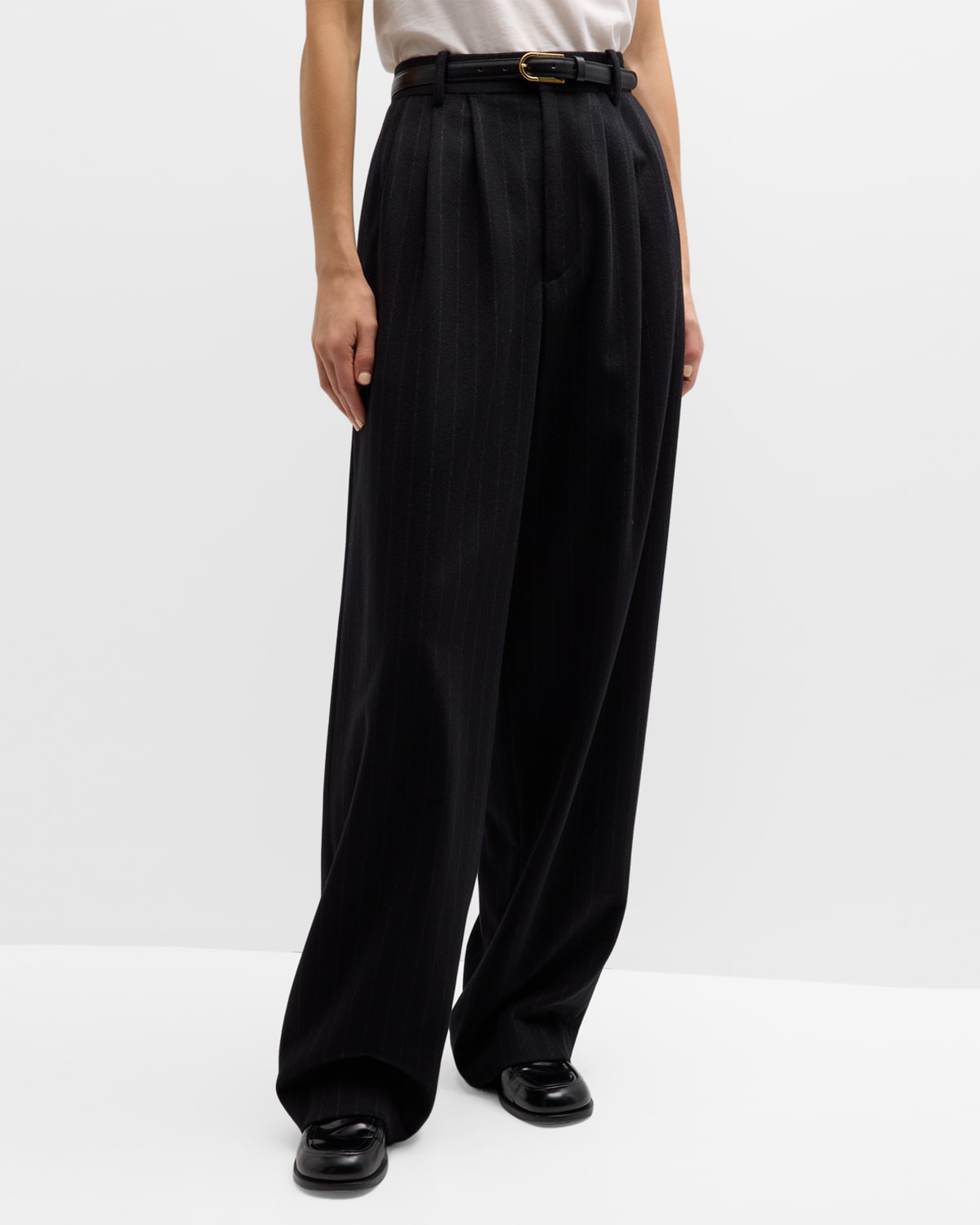 The Row Rufos Pleated Wide-leg Pinstripe Cahsmere Pants In Blackgrey