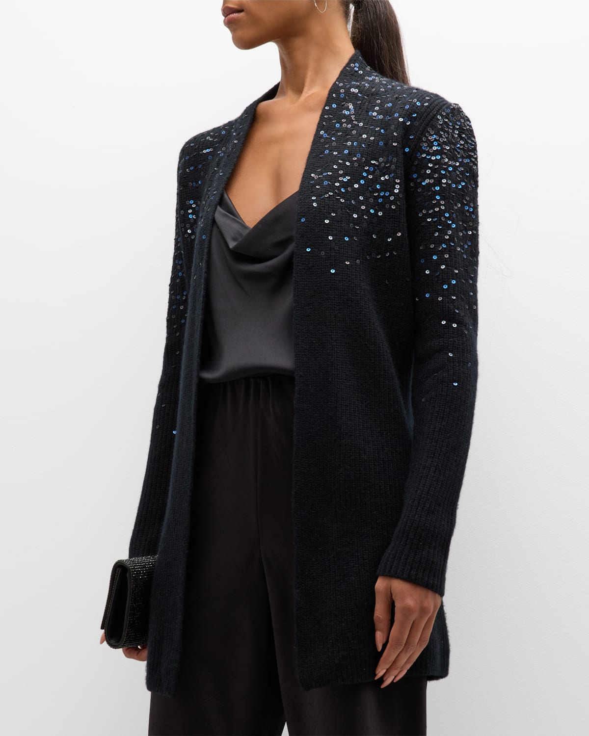 Neiman Marcus Cashmere Cardigan With Ombre Sequins In Black