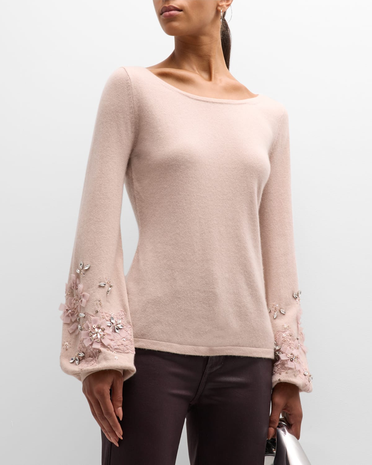 Neiman Marcus Cashmere Sweater With Embellished Bell Sleeves In Quartz