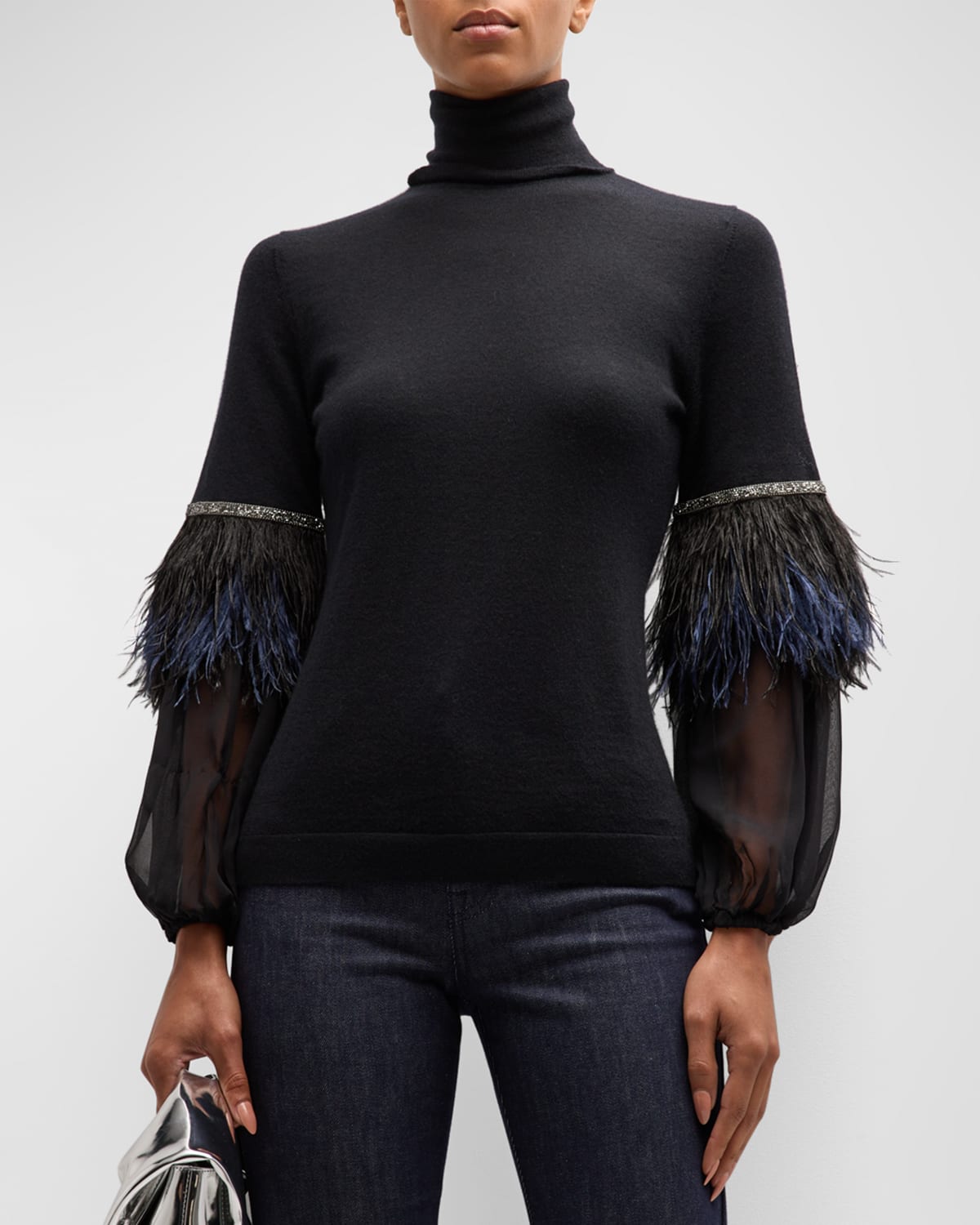 Neiman Marcus Superfine Cashmere Jumper With Chiffon Feather Sleeves In Black