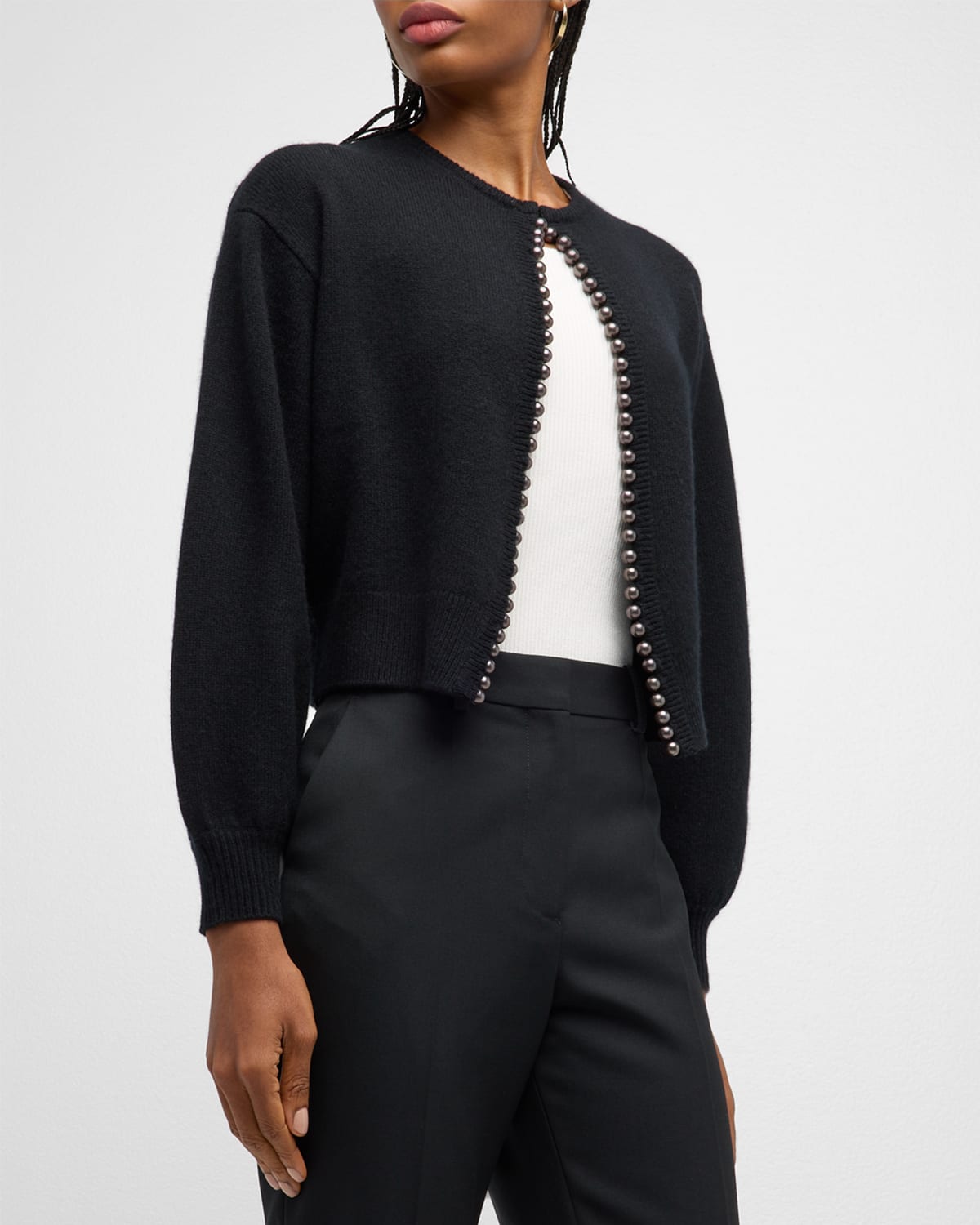 Neiman Marcus Cashmere Cardigan With Pearlescent Trim In Black