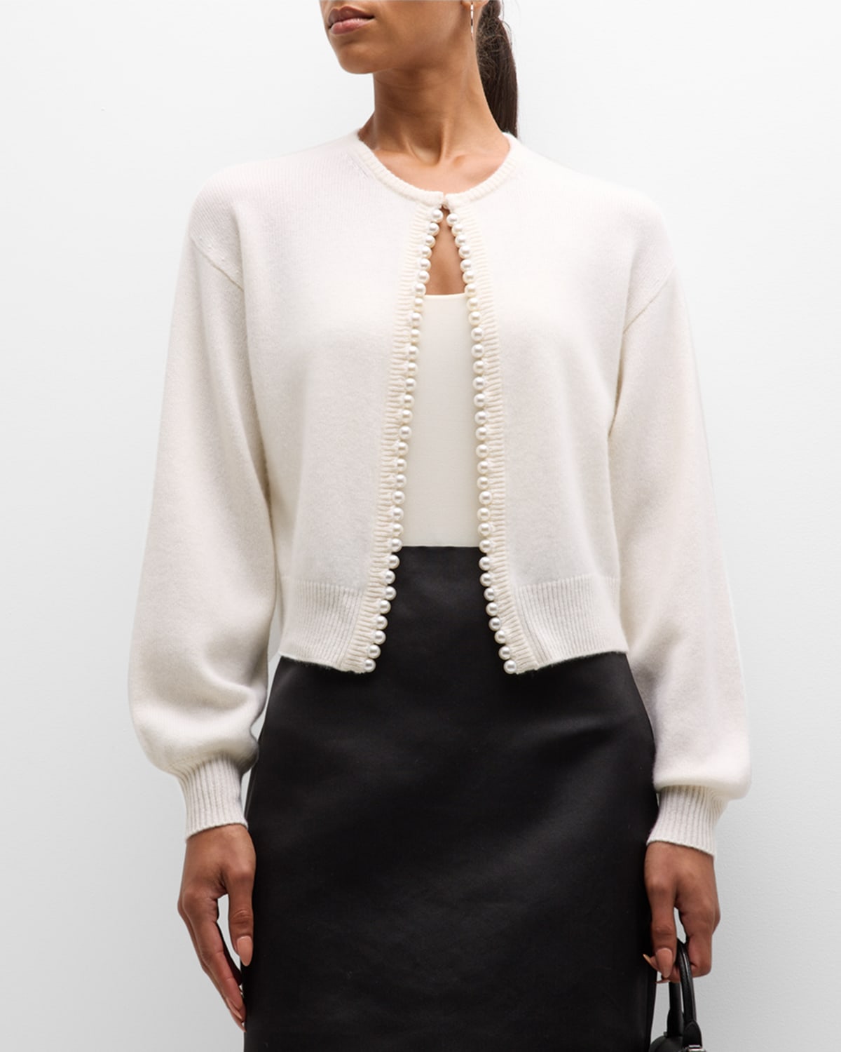 Neiman Marcus Cashmere Cardigan With Pearlescent Trim In Winter White